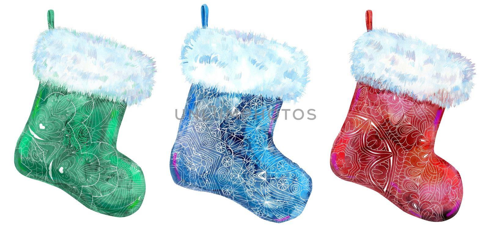 Christmas colorfull patterned socks with white fur. Watercolor illustration. Isolated. by NataOmsk