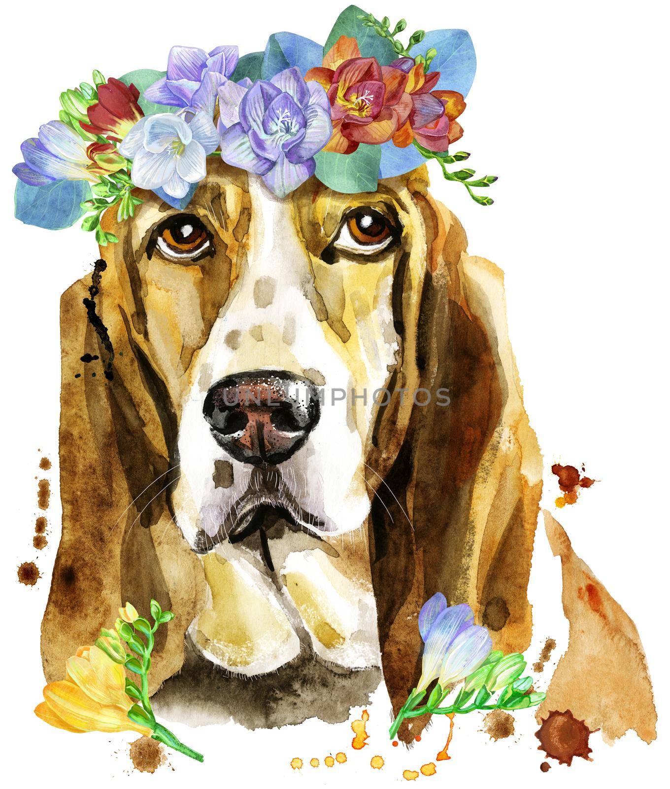 Watercolor portrait of basset hound with wreath of flowers by NataOmsk