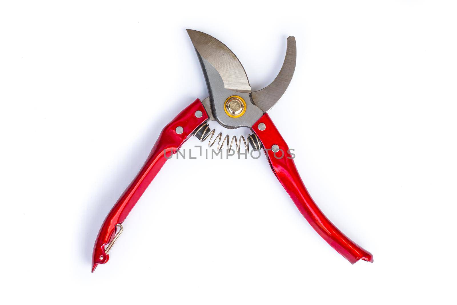 Garden pruner with red iron handles. Cutting scissors on a white background.