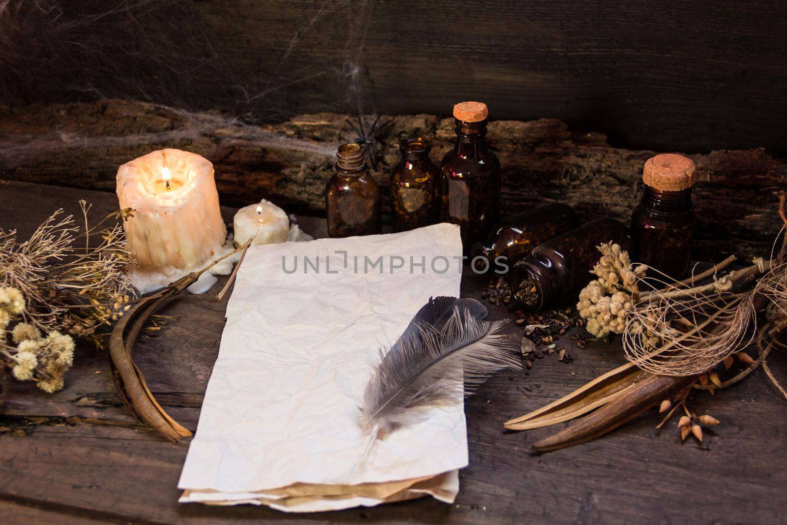 set of objects for witchcraft rituals, on rustic wood