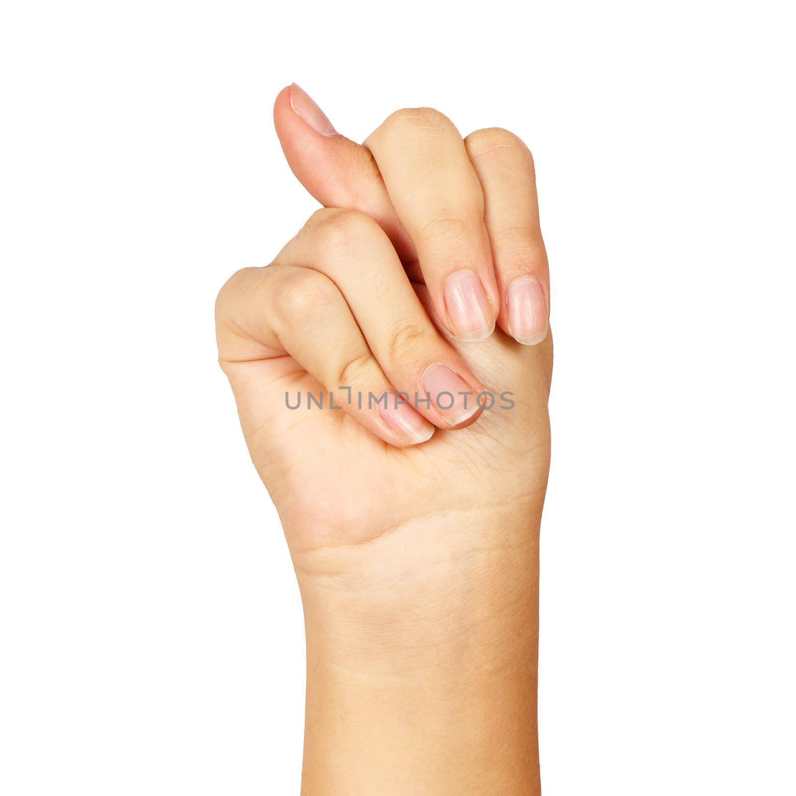 american sign language. female hand showing letter n. isolated on white background