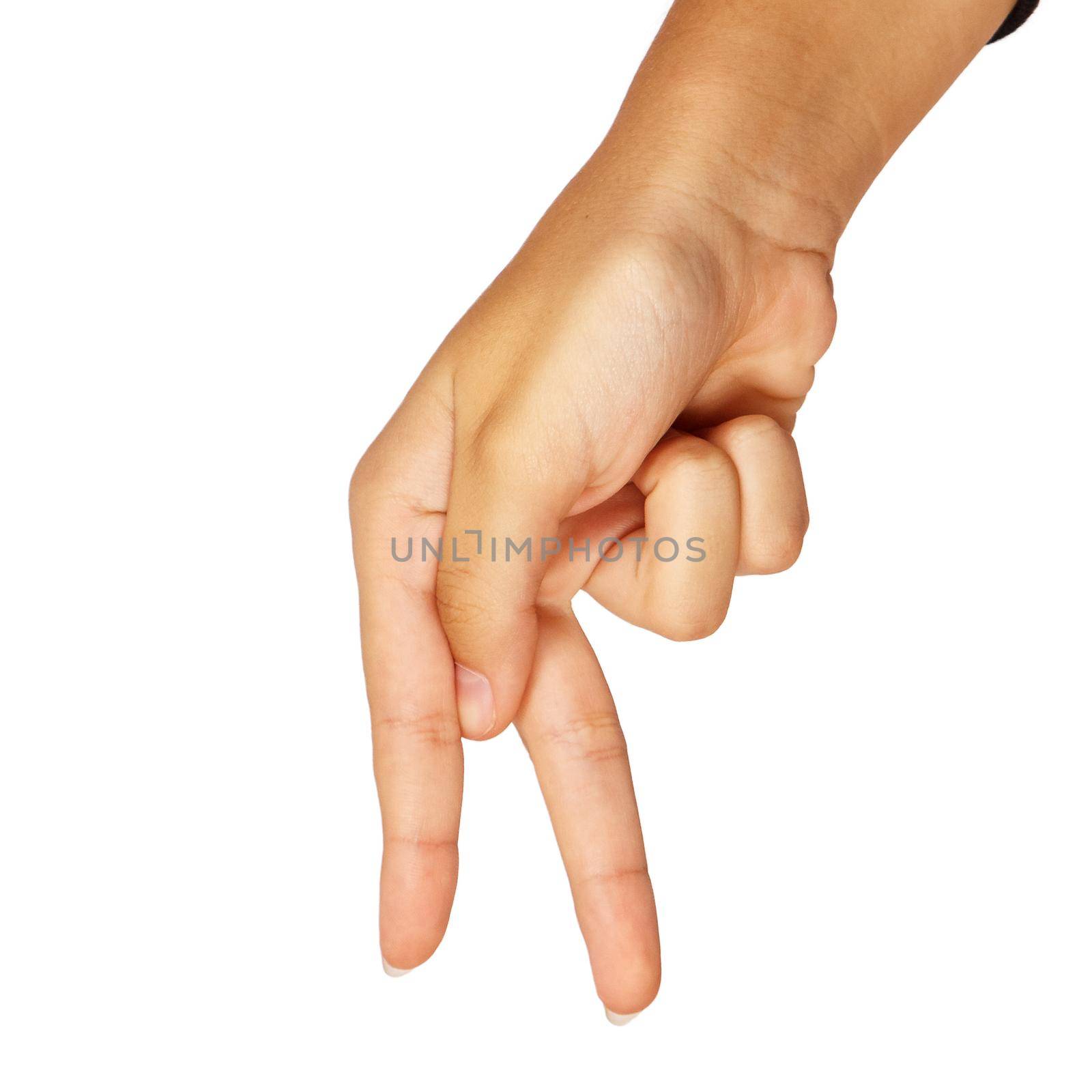 american sign language. female hand showing letter p by raddnatt
