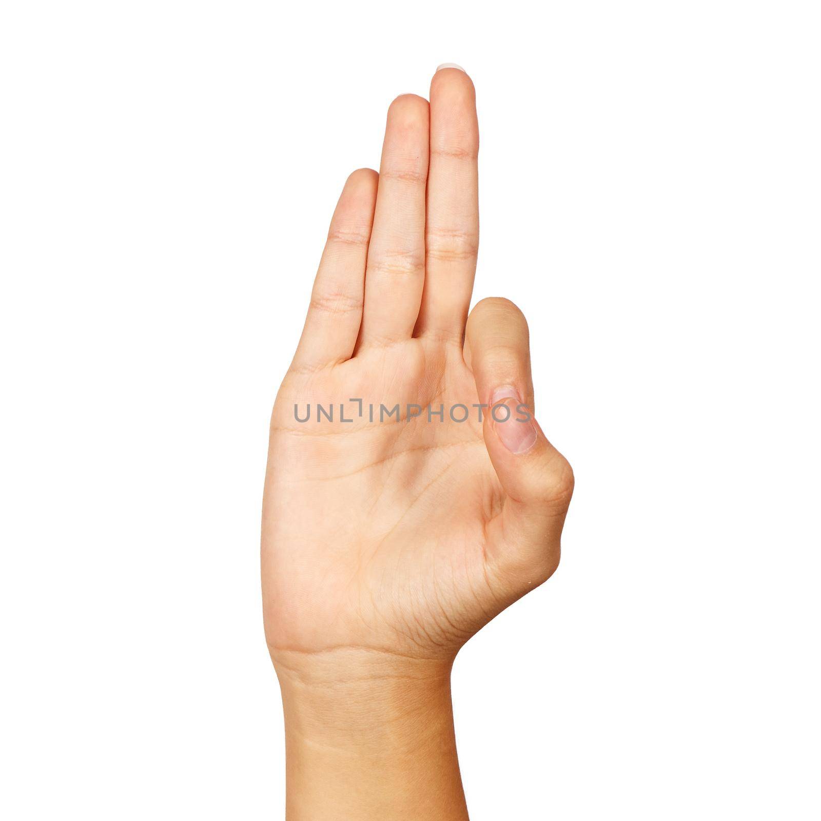 american sign language. female hand showing letter f. isolated on white background