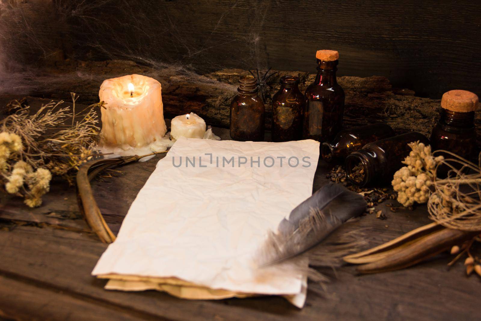 set of objects for witchcraft rituals, on rustic wood