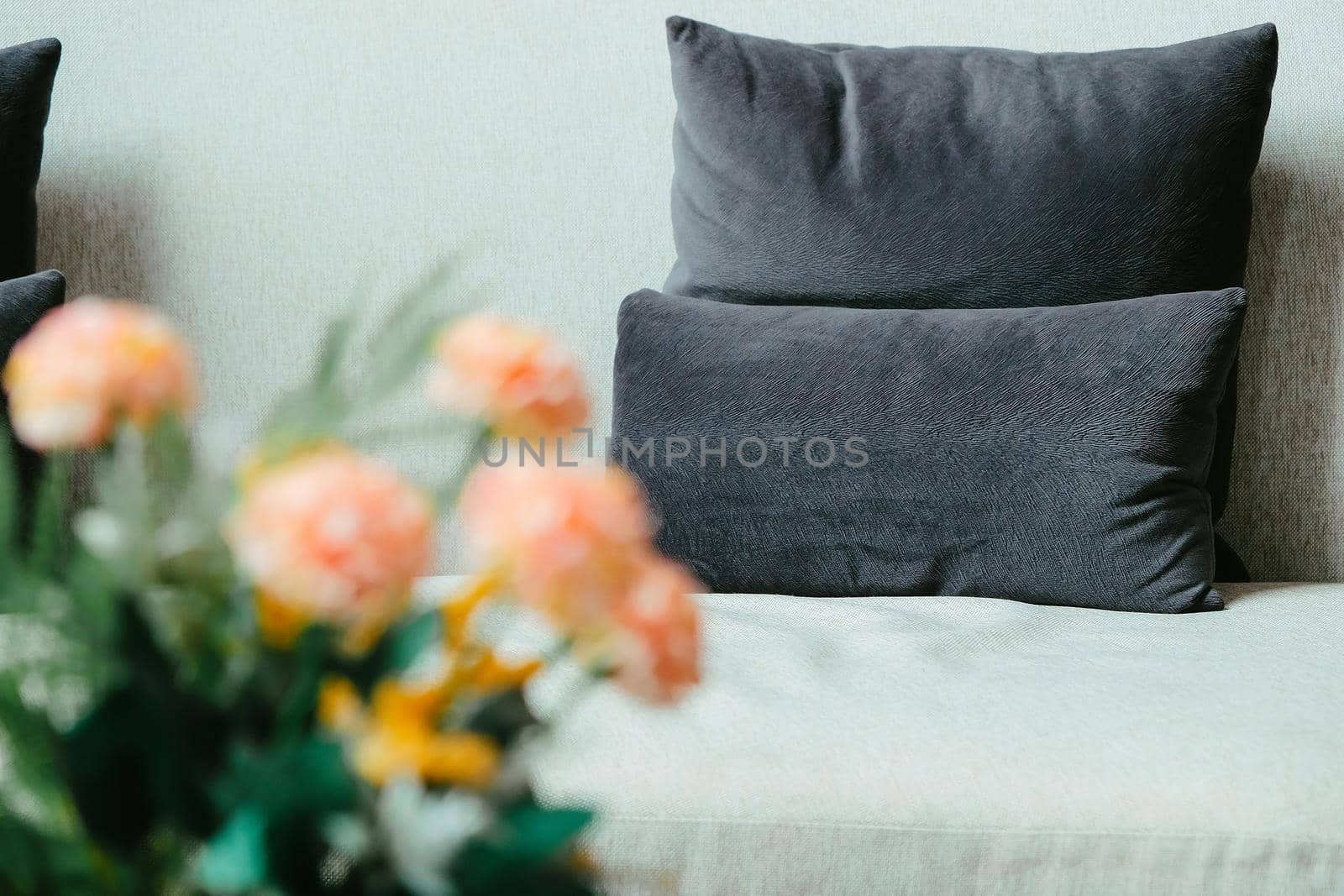 Detail image of cushion on sofa, modern living room.