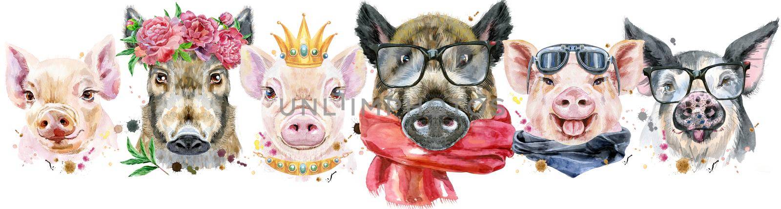 Cute border from watercolor portraits of pigs.