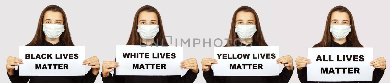 teen girl holding a poster all lives matter indoor on light background