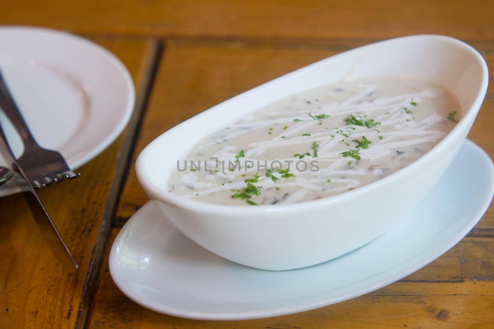 A bowl of homemade cream of mushroom soup.