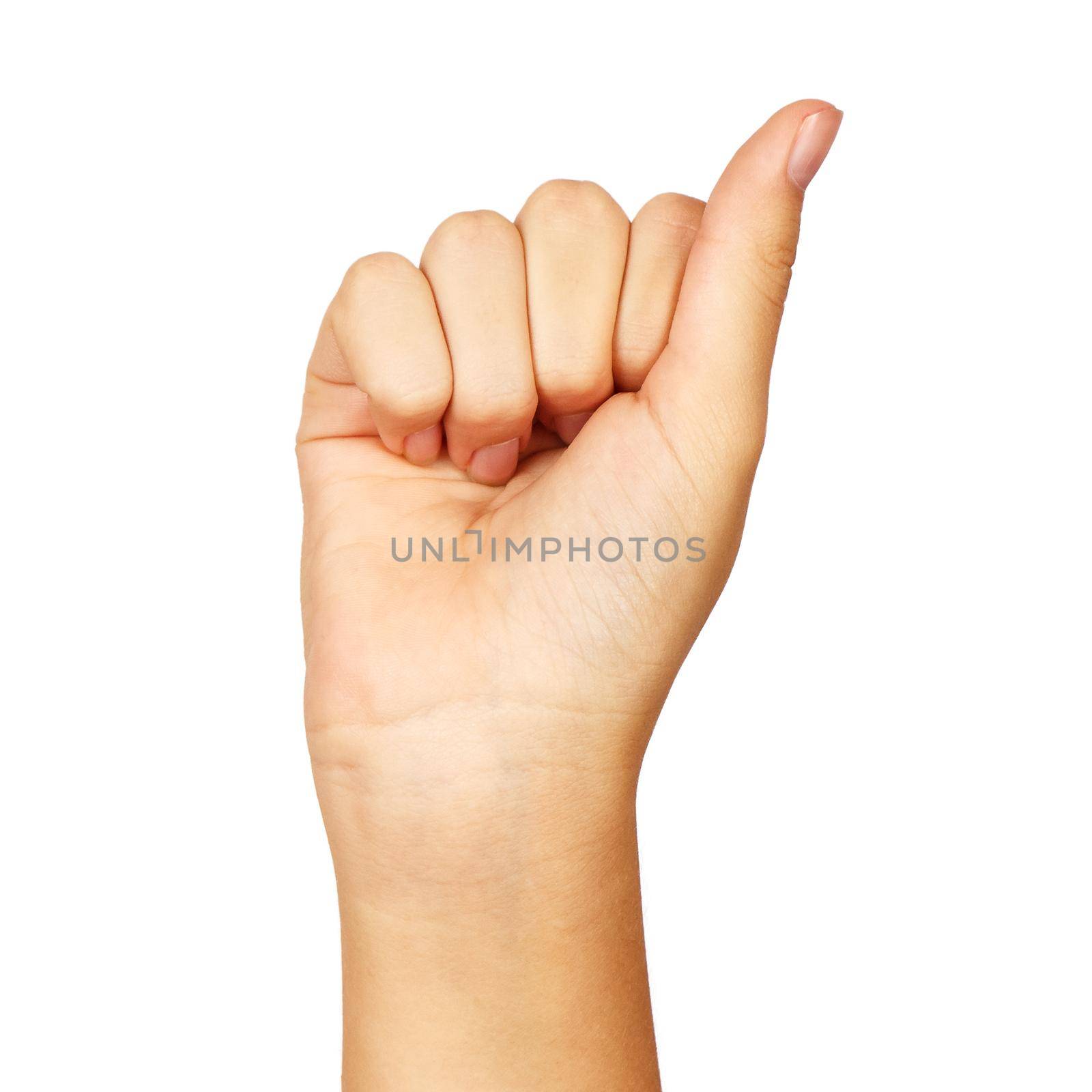 american sign language. female hand showing letter a. isolated on white background