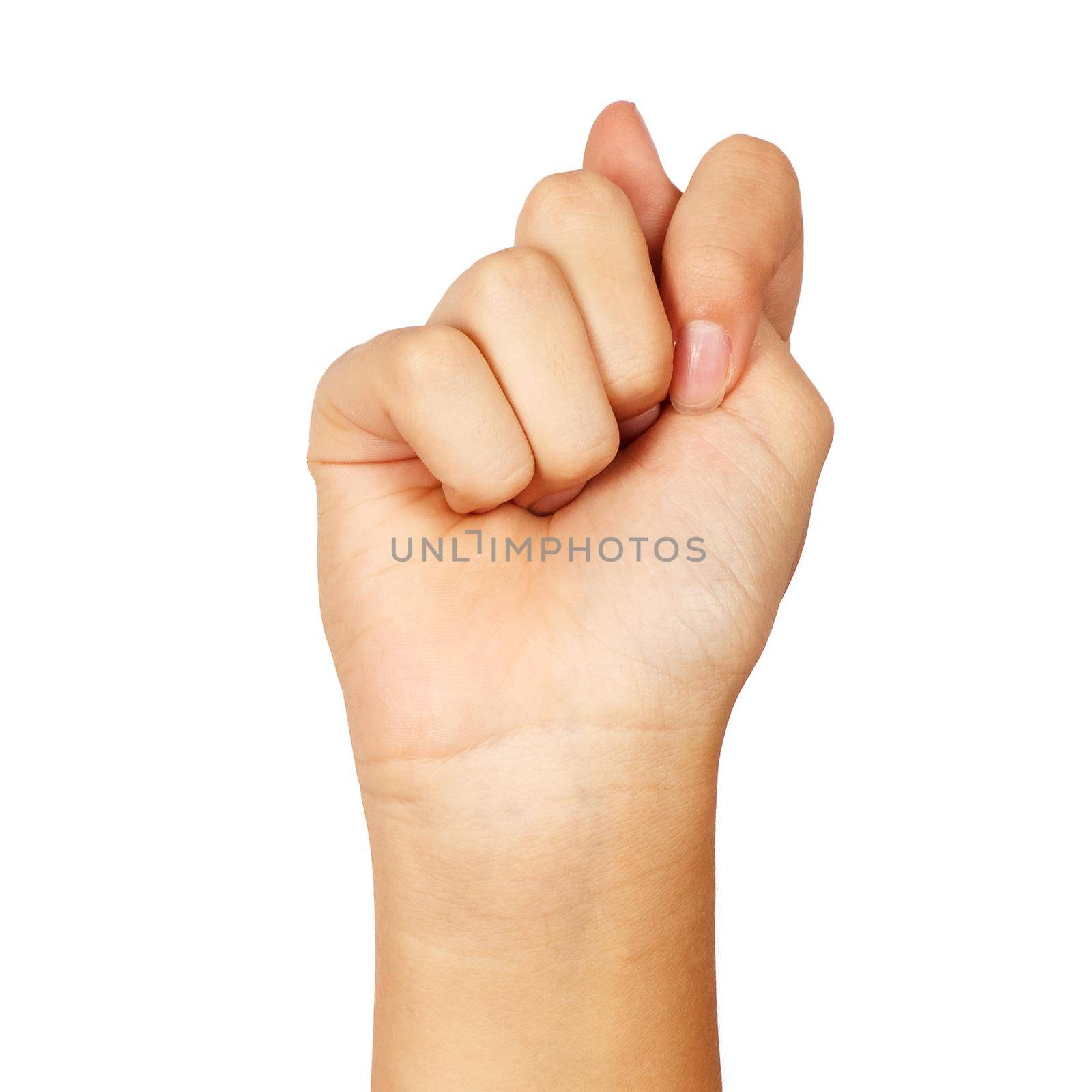 american sign language. female hand showing letter t. isolated on white background