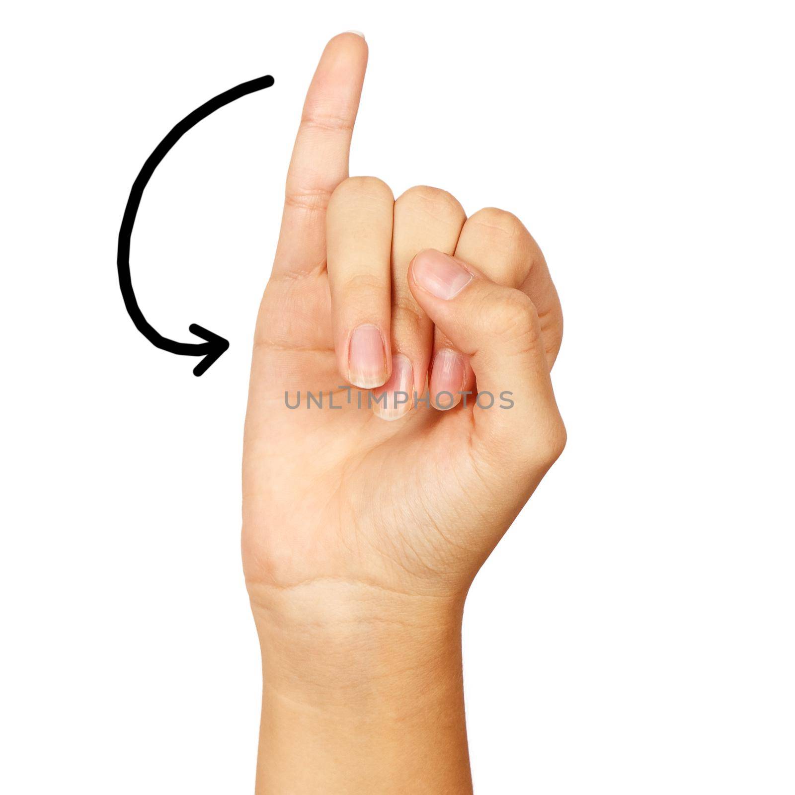 american sign language. female hand showing letter j. isolated on white background