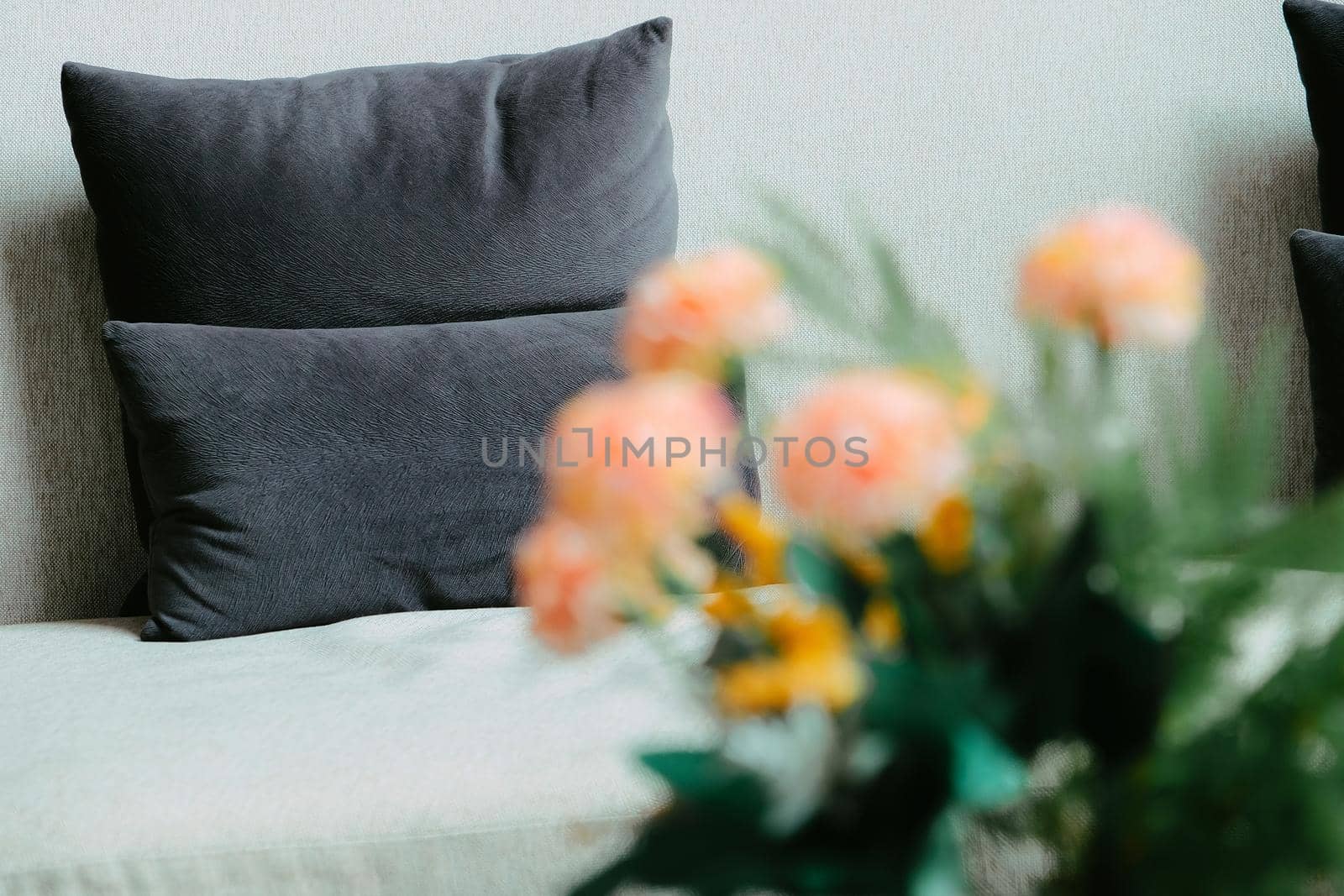 Detail image of cushion on sofa, modern living room.