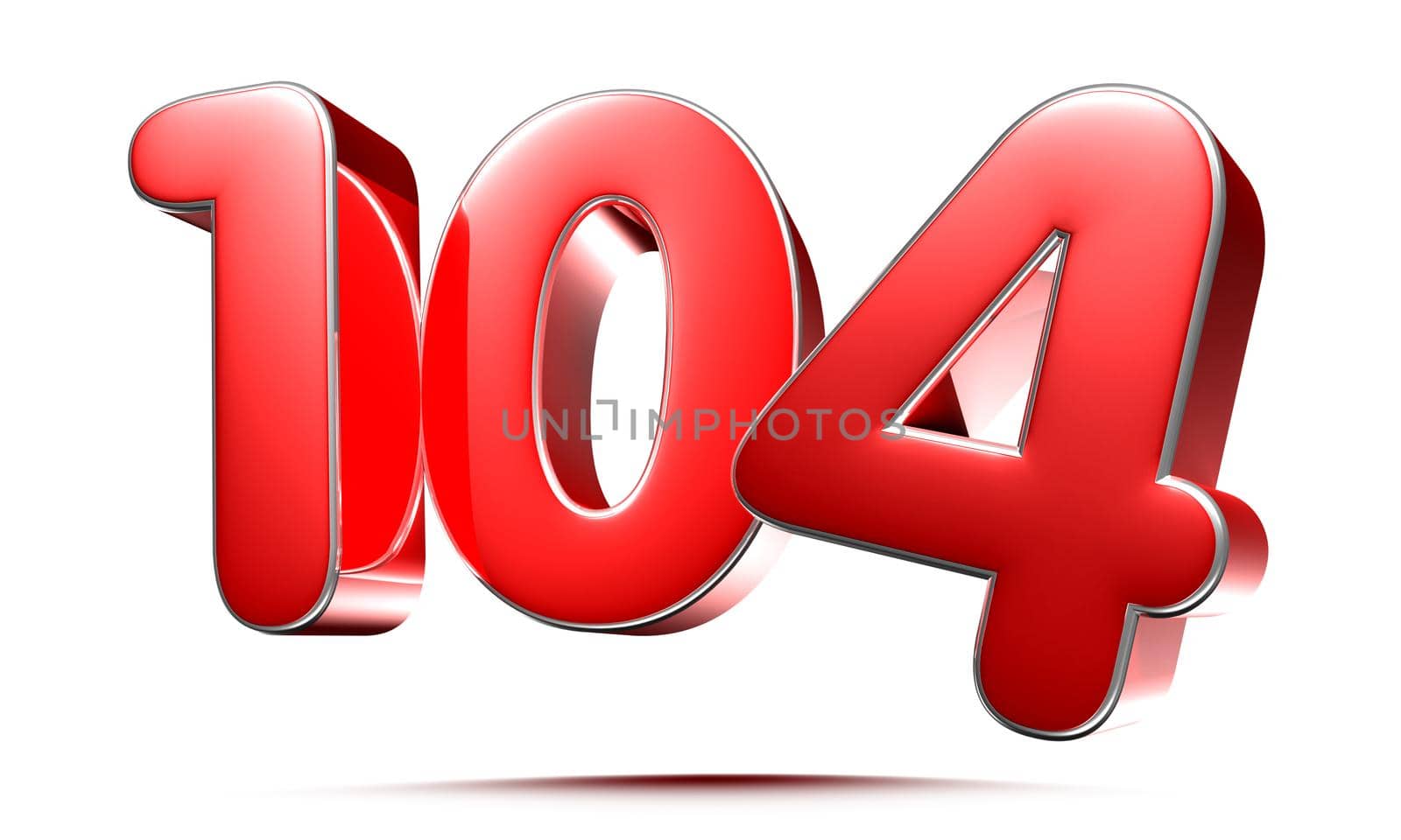 Rounded red numbers 104 on white background 3D illustration with clipping path