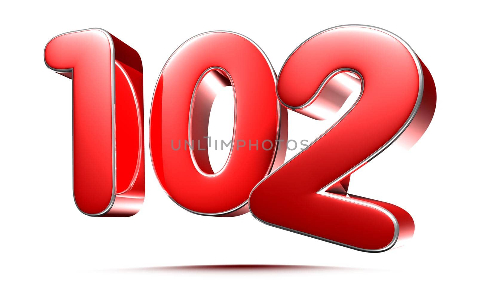 Rounded red numbers 102 on white background 3D illustration with clipping path