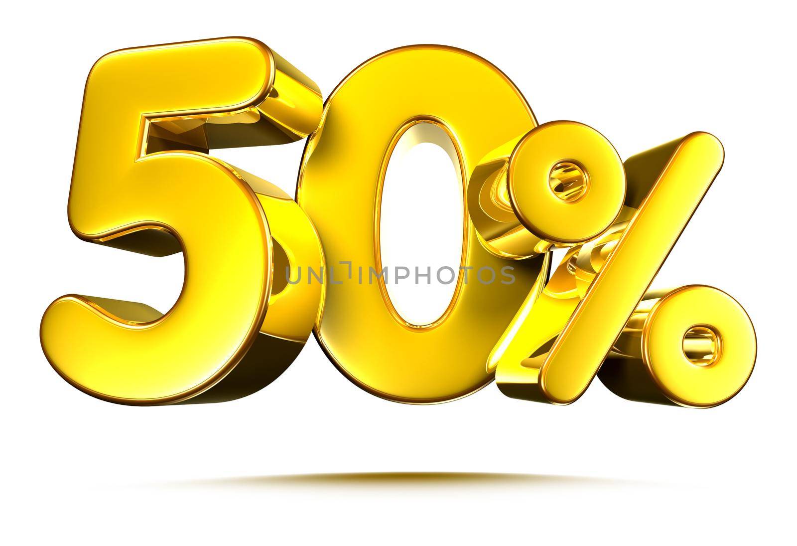 50 percent gold color 3D illustration white background with clipping path.