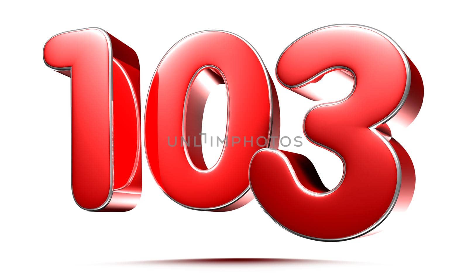 Rounded red numbers 103 on white background 3D illustration with clipping path