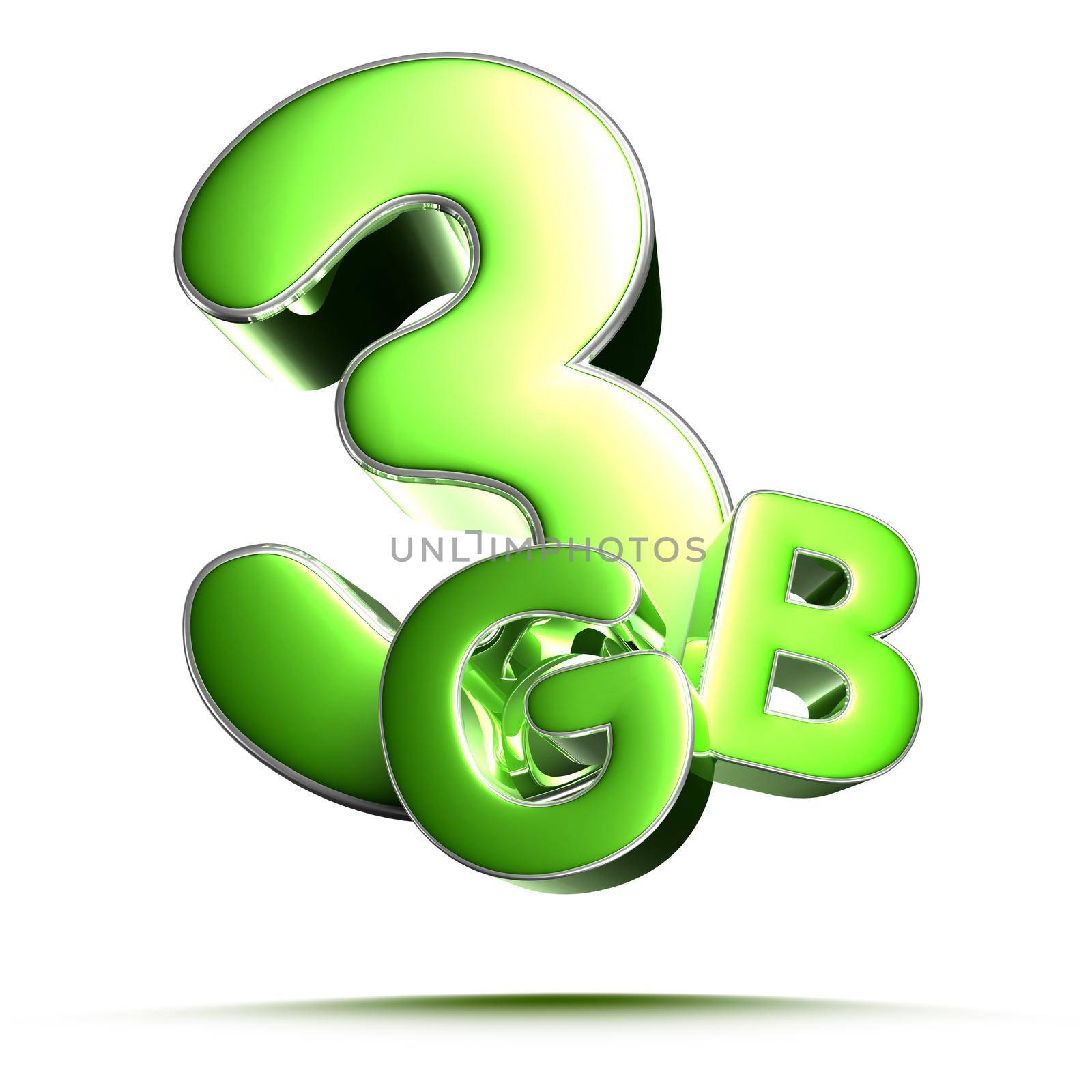 3 Gb green 3D illustration on white background with clipping path.