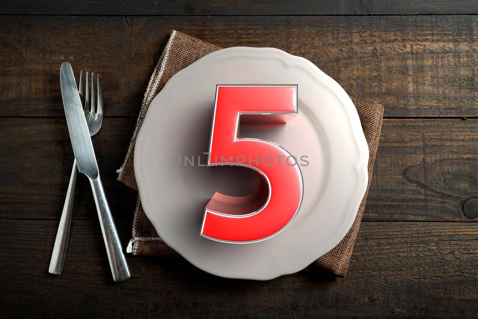 The number 5 3D illustration is placed on a plate.5 food groups.