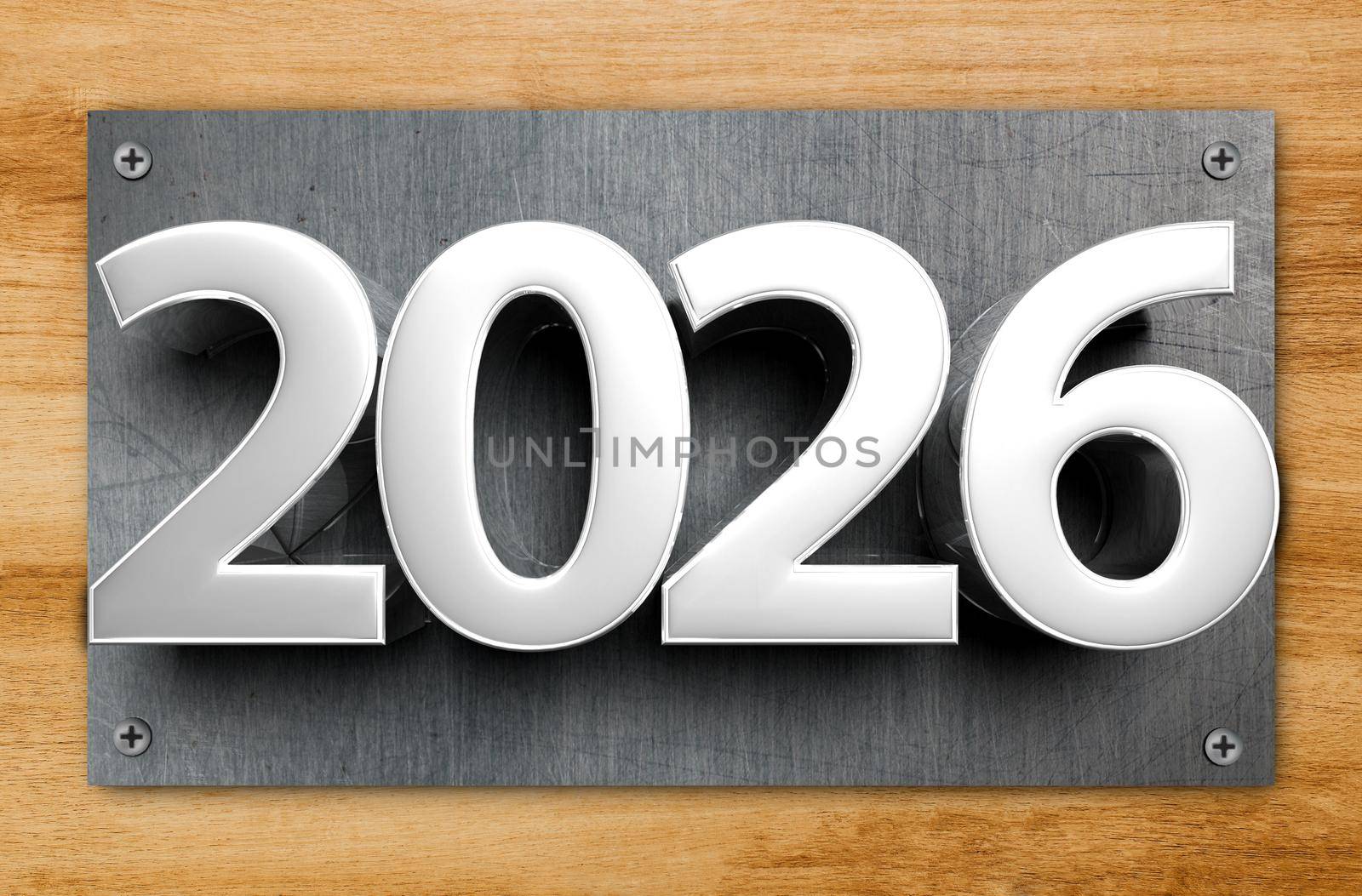 Rendering 3D illustration Stainless Steel Signs number 2026 hanging against the room door.(With Clipping Path). by thitimontoyai