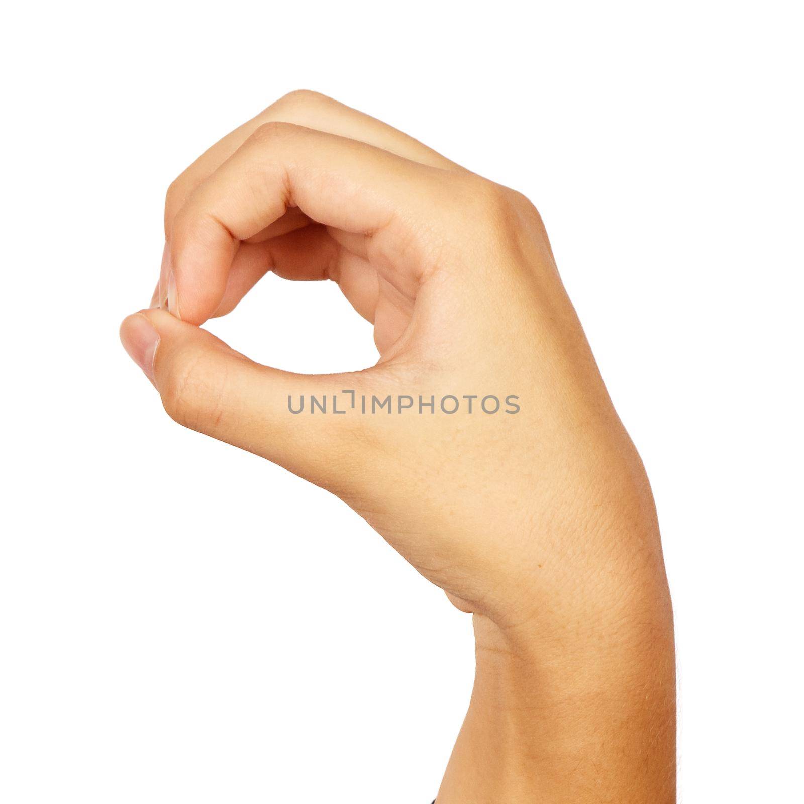 american sign language. female hand showing letter o. isolated on white background