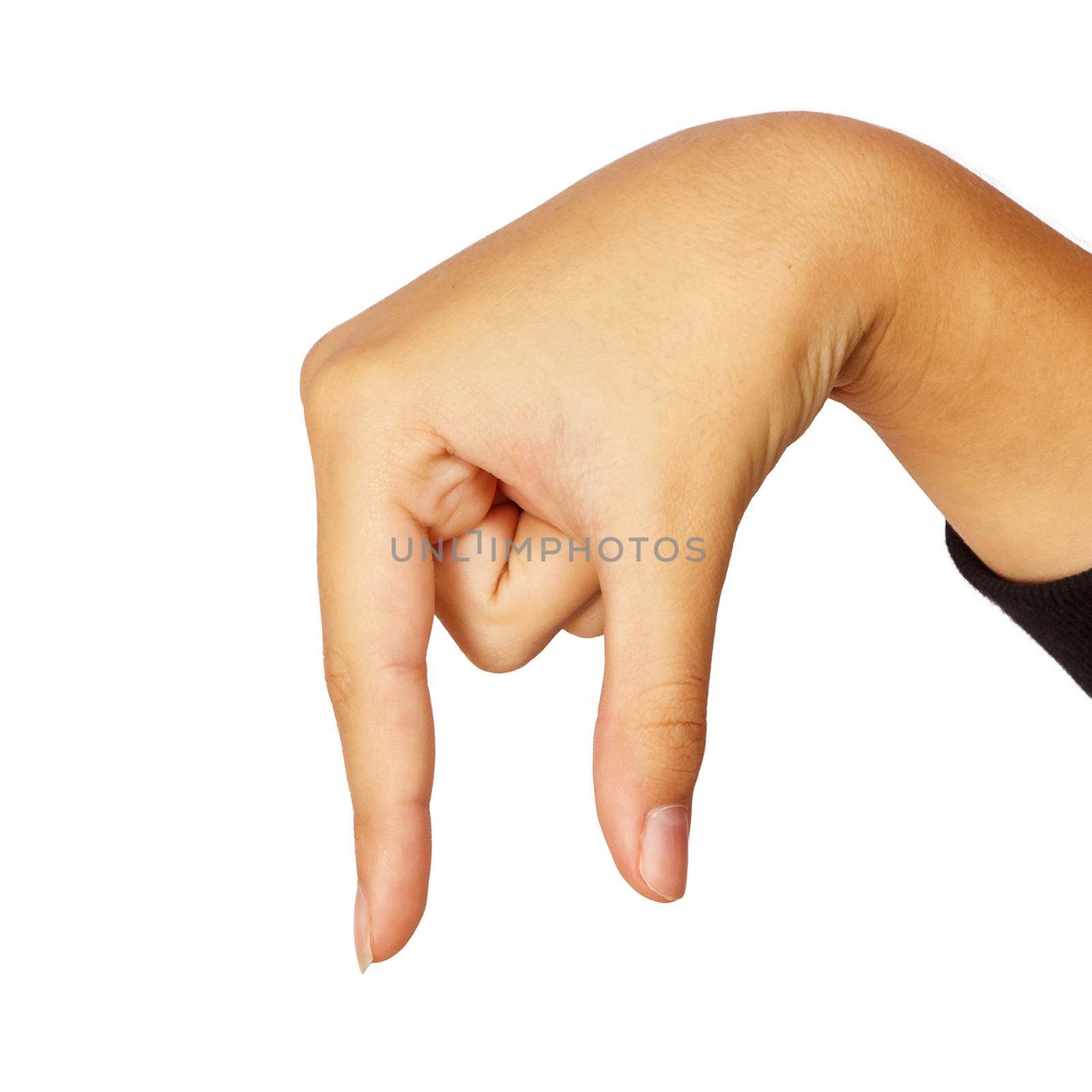 american sign language. female hand showing letter q. isolated on white background