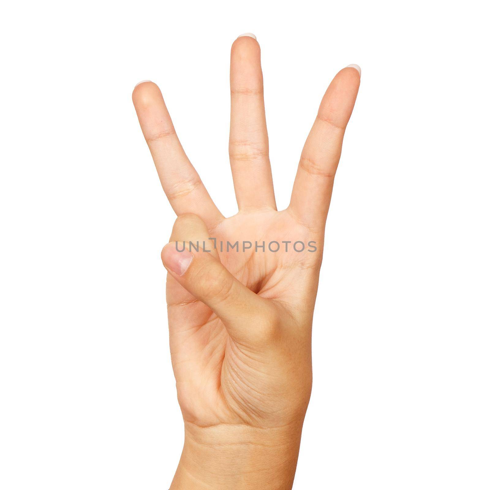 american sign language. female hand showing letter w. isolated on white background