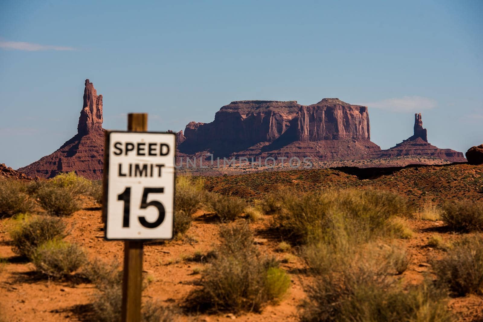 Speed limit sign with Monument Valley mesas in the background