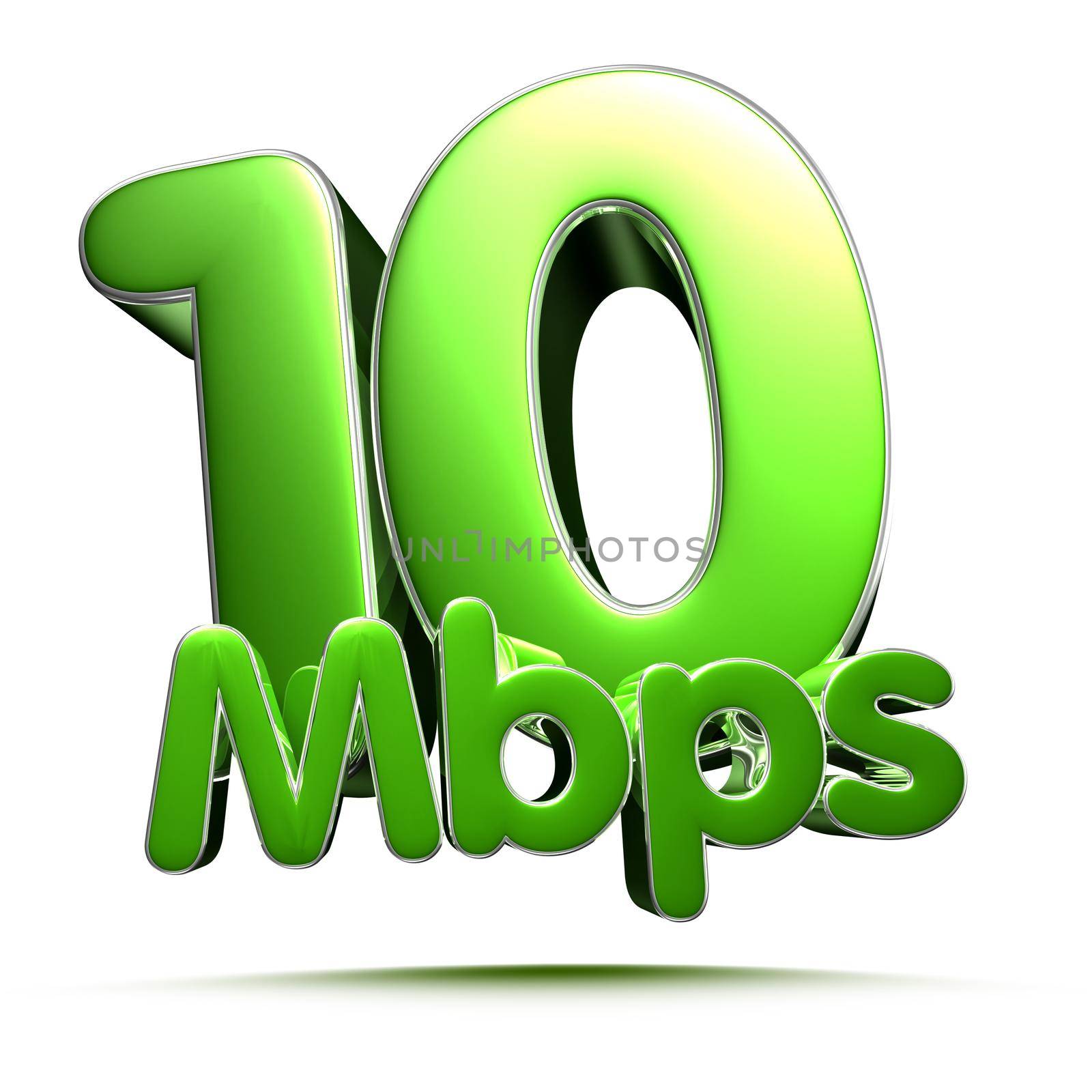 10 Mbps green 3D illustration on white background with clipping path.