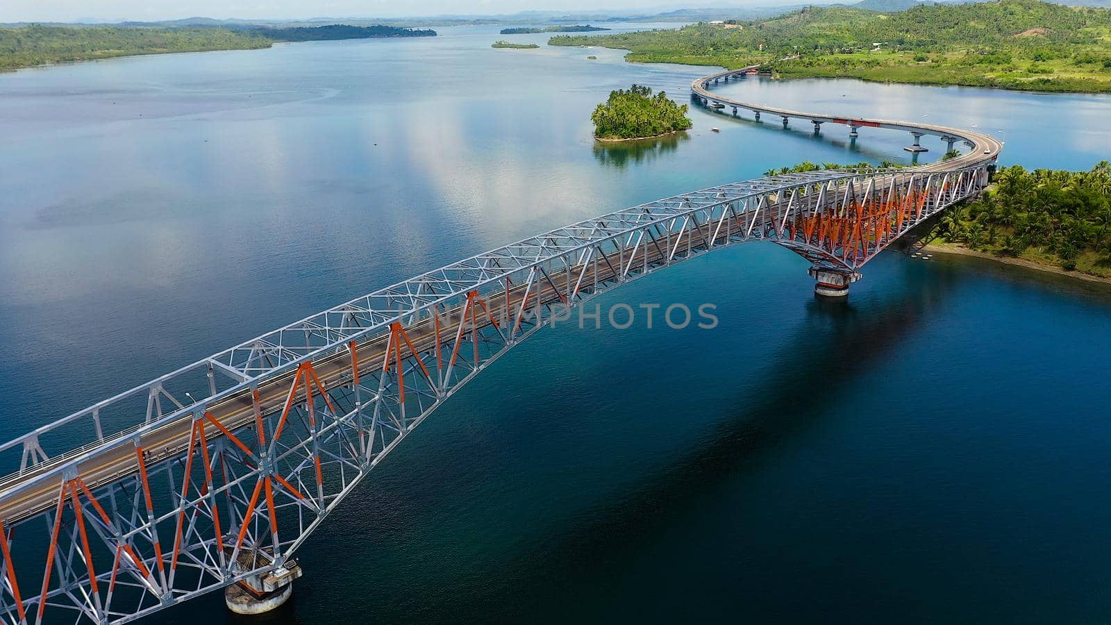 top view of the San Juanico Bridge. Landscape with a large bridge over the strait. Summer and travel vacation concept.