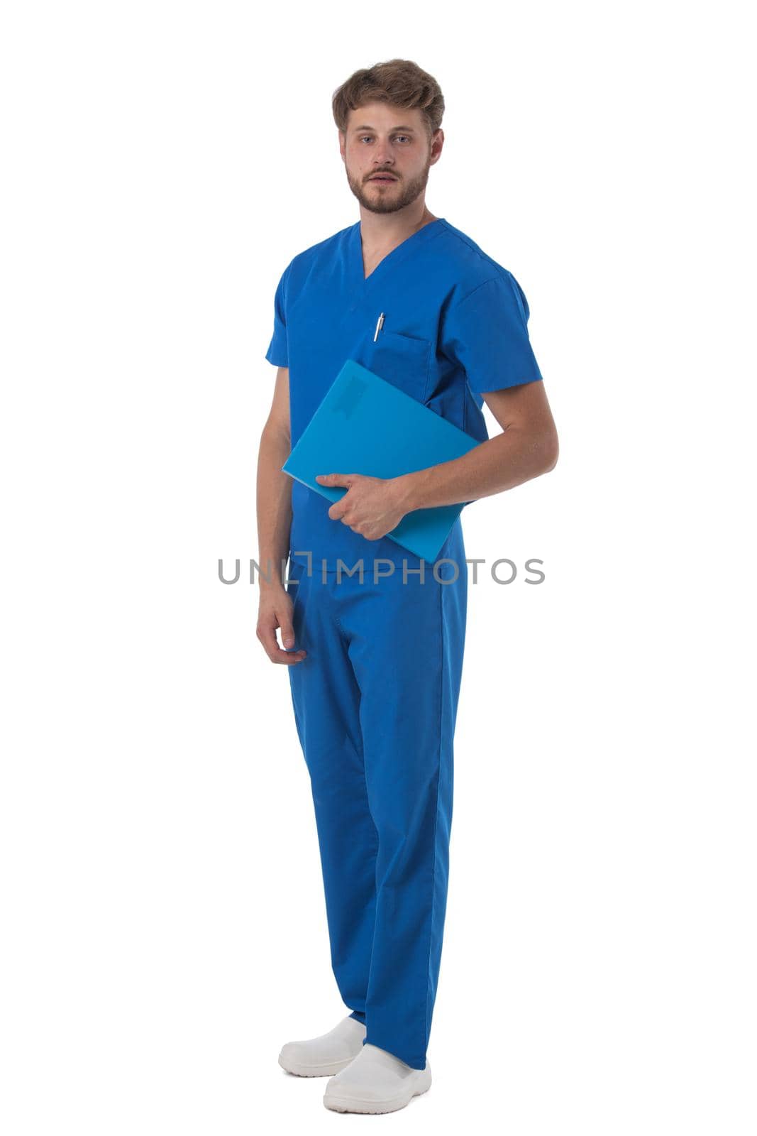 Male nurse in blue uniform with stethoscope and document folder isolated on white background, full length portrait