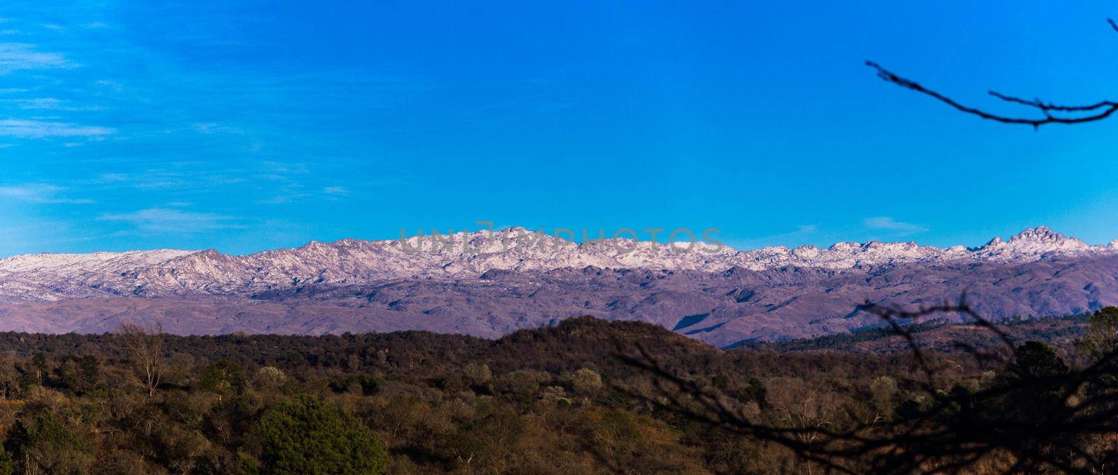 landscape of the snowy mountain ranges from the Calamuchita Valley, Cordoba, Argentina