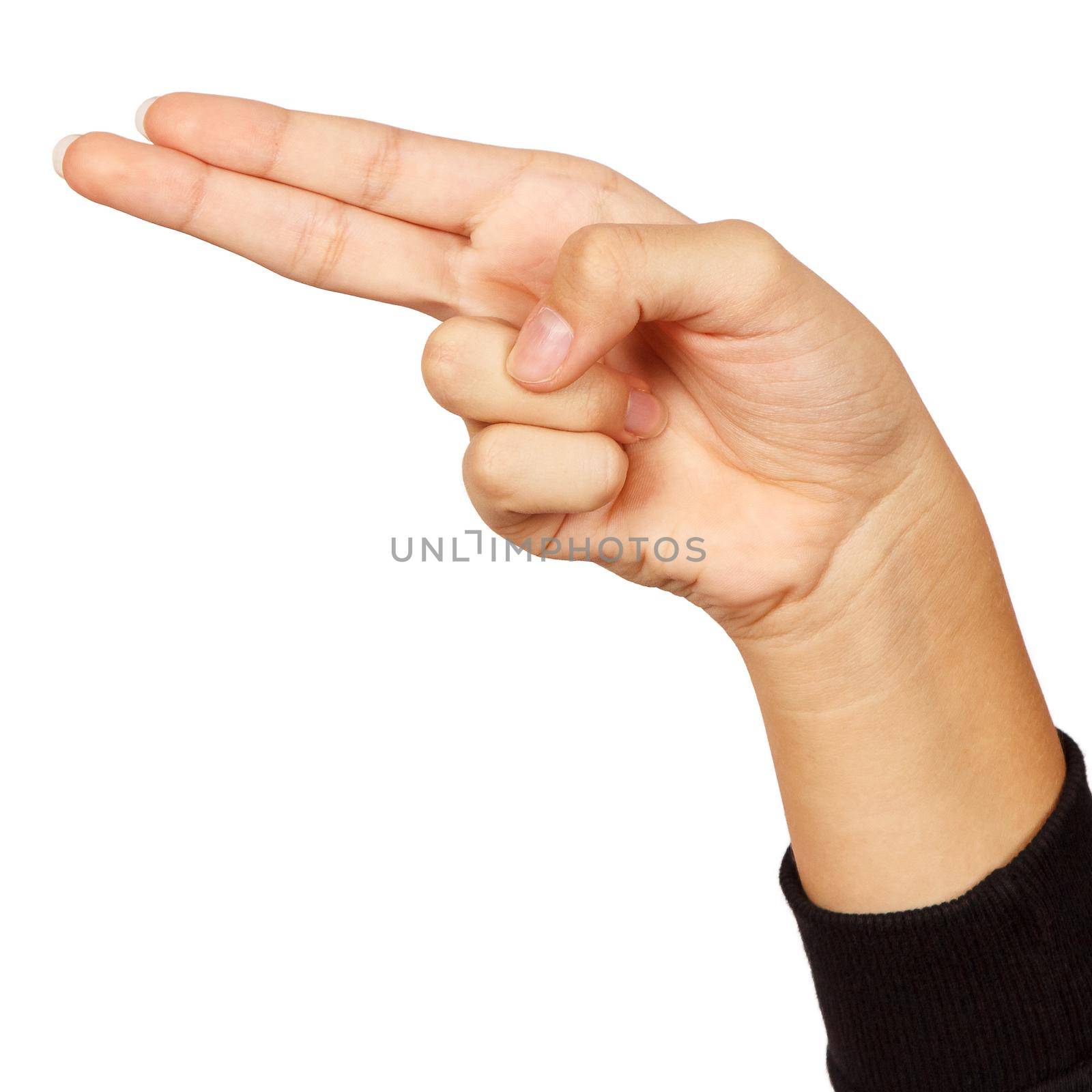 american sign language. female hand showing letter h. isolated on white background