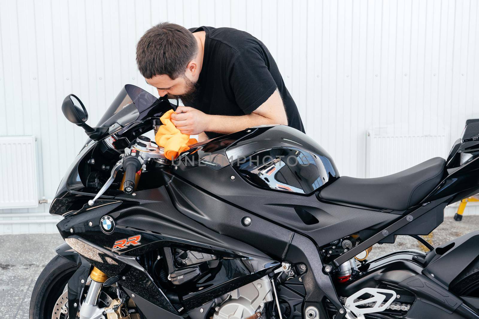 STAVROPOL, RUSSIA - MAY 28, 2020: BMW black sportbike. Modern powerful motorcycle in Stavropol, Russia