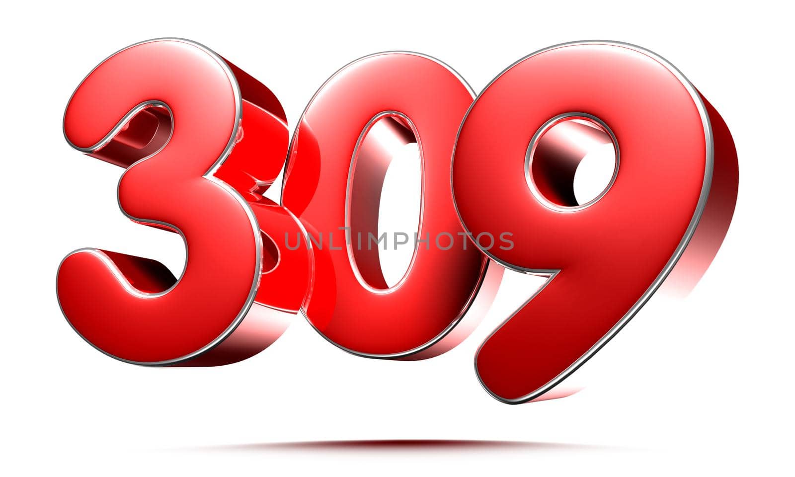Rounded red numbers 309 on white background 3D illustration with clipping path
