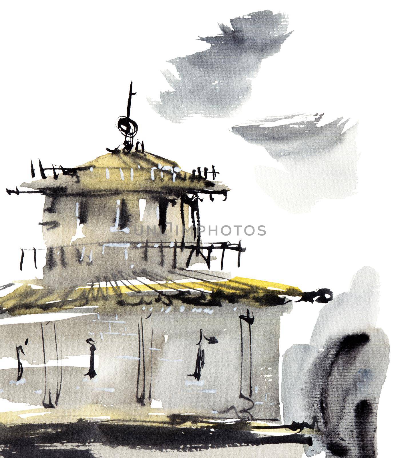 Building with tower. Artistic painting by ink and watercolor in sumi-e style.