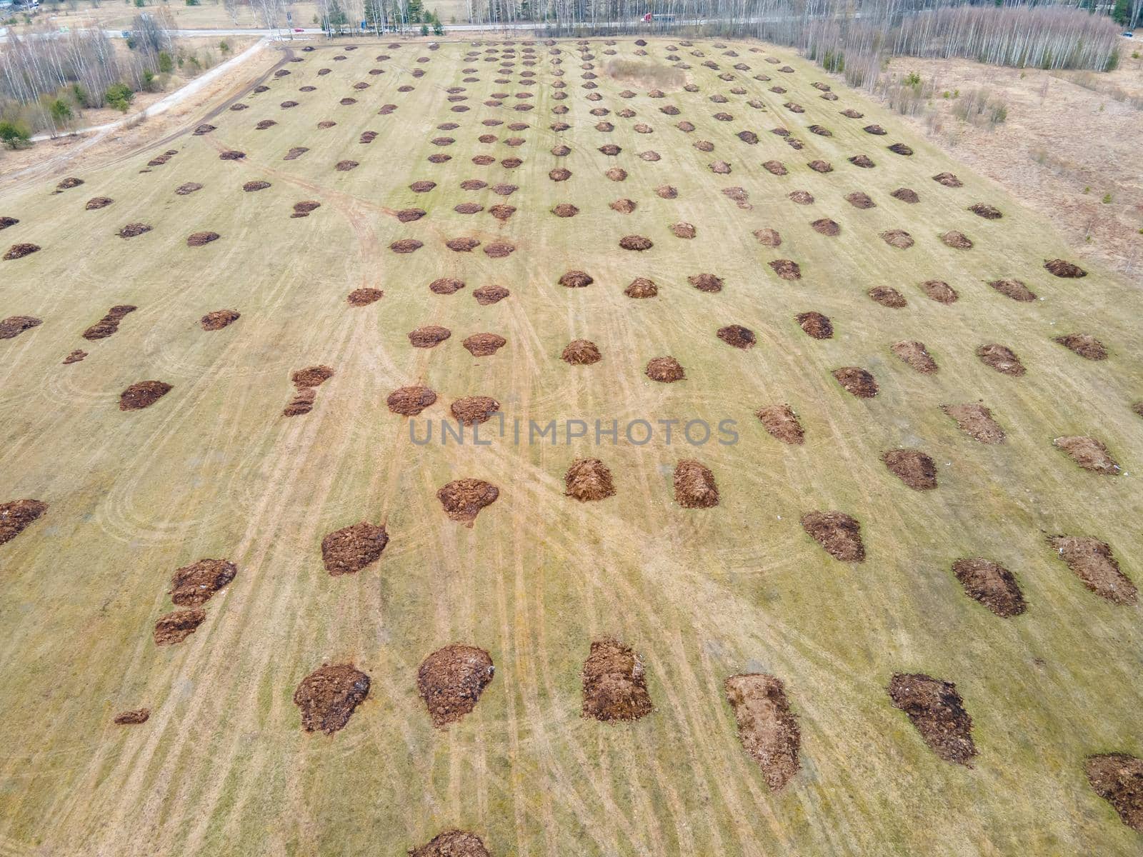 Manure heaps in beautiful, even rows in the field, aerial photo. Application of organic fertilizers in spring and autumn. The concept of working in agriculture for doing business and making a profit.