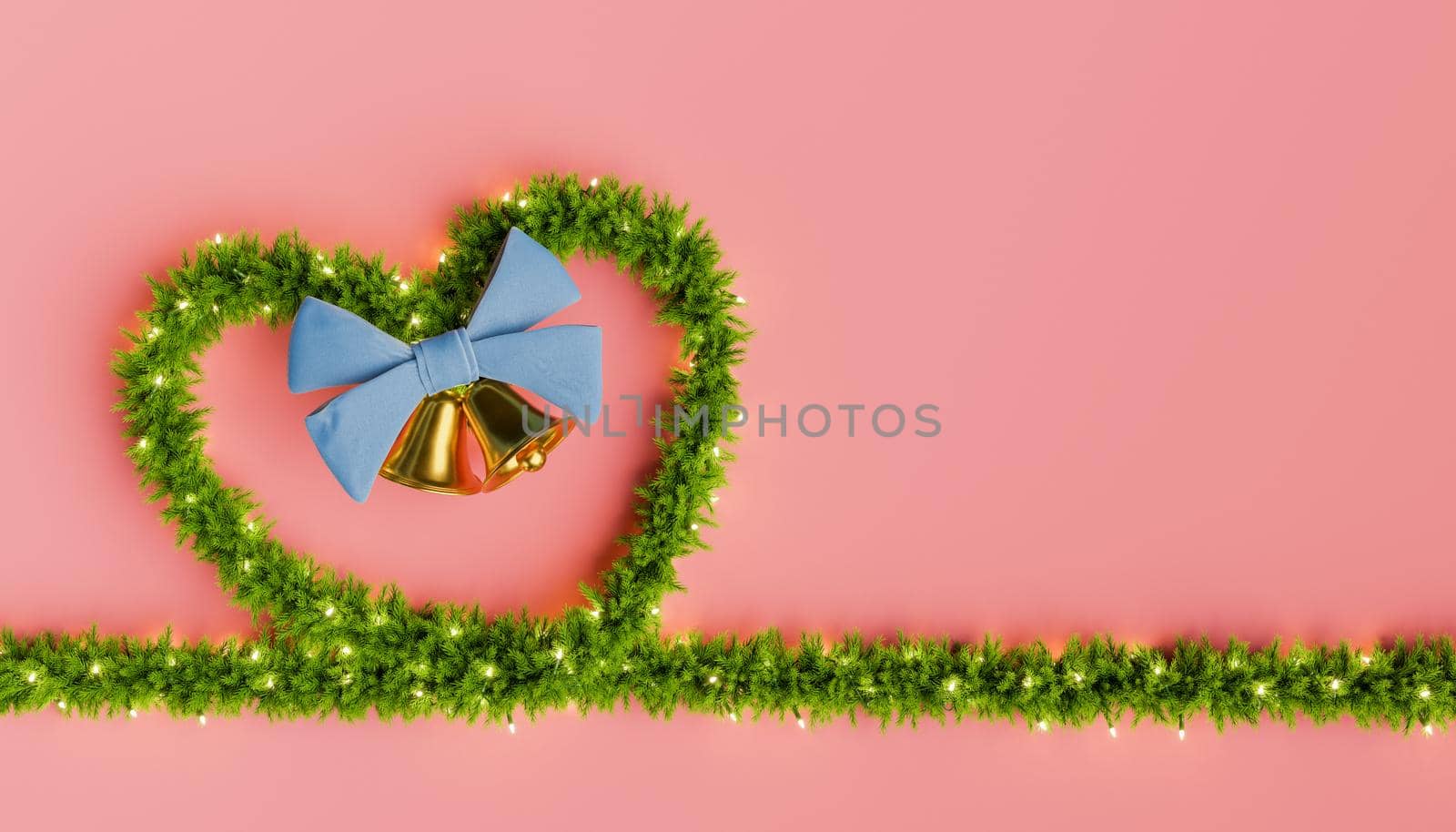 bow of heart-shaped Christmas tree branches decorated with lights and bells. 3D rendering