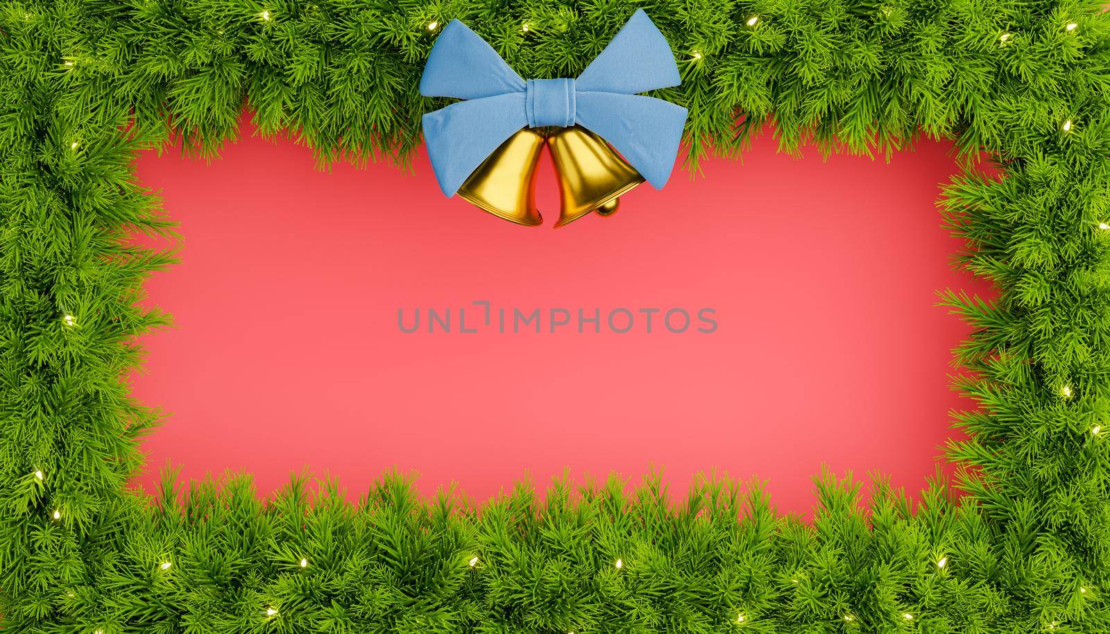 Christmas tree branches border with bells and empty space in the center. 3D rendering
