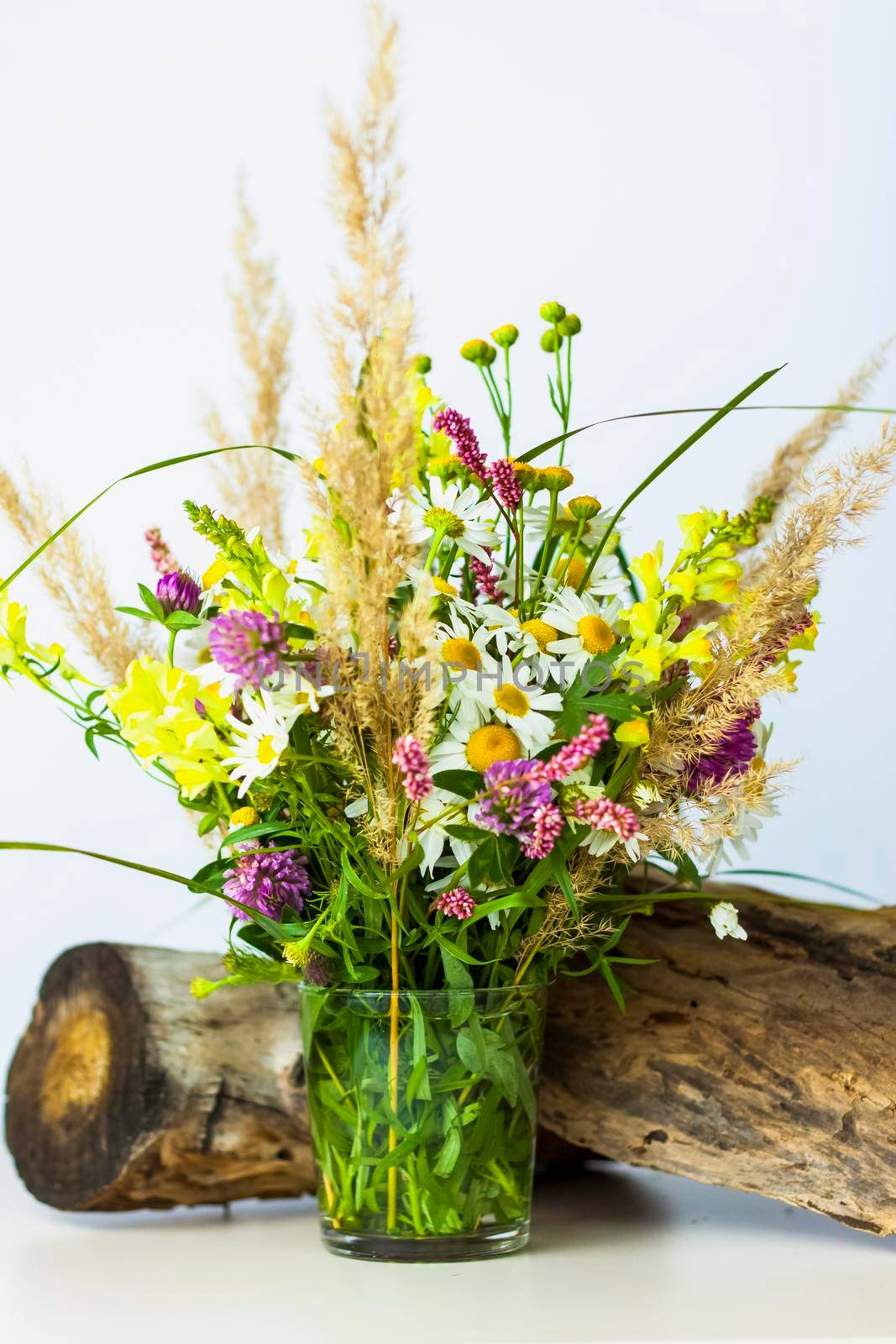 a dry stump, tree bark and a bouquet of wild flowers in a small glass vase. Stylish appearance, layout, personality. Banner, a place for the text. Background for advertising and presentation.