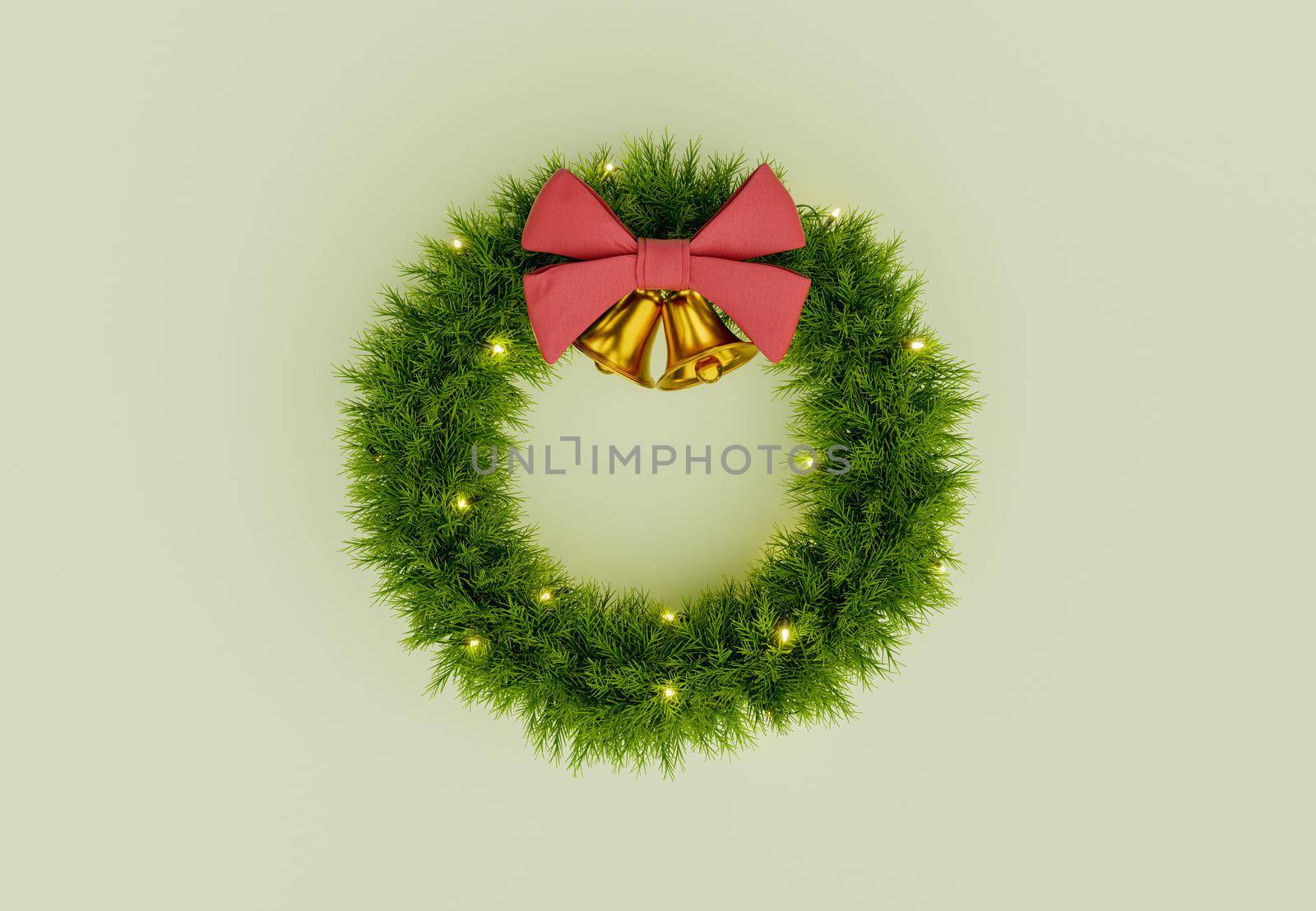 decorative christmas wreath with lights, red ribbon and golden bells. 3d rendering