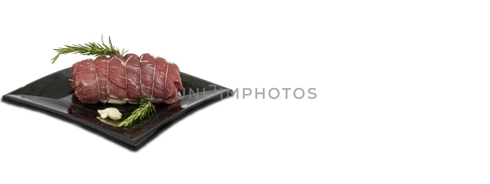 Raw meat dish white background, banner image with copy space