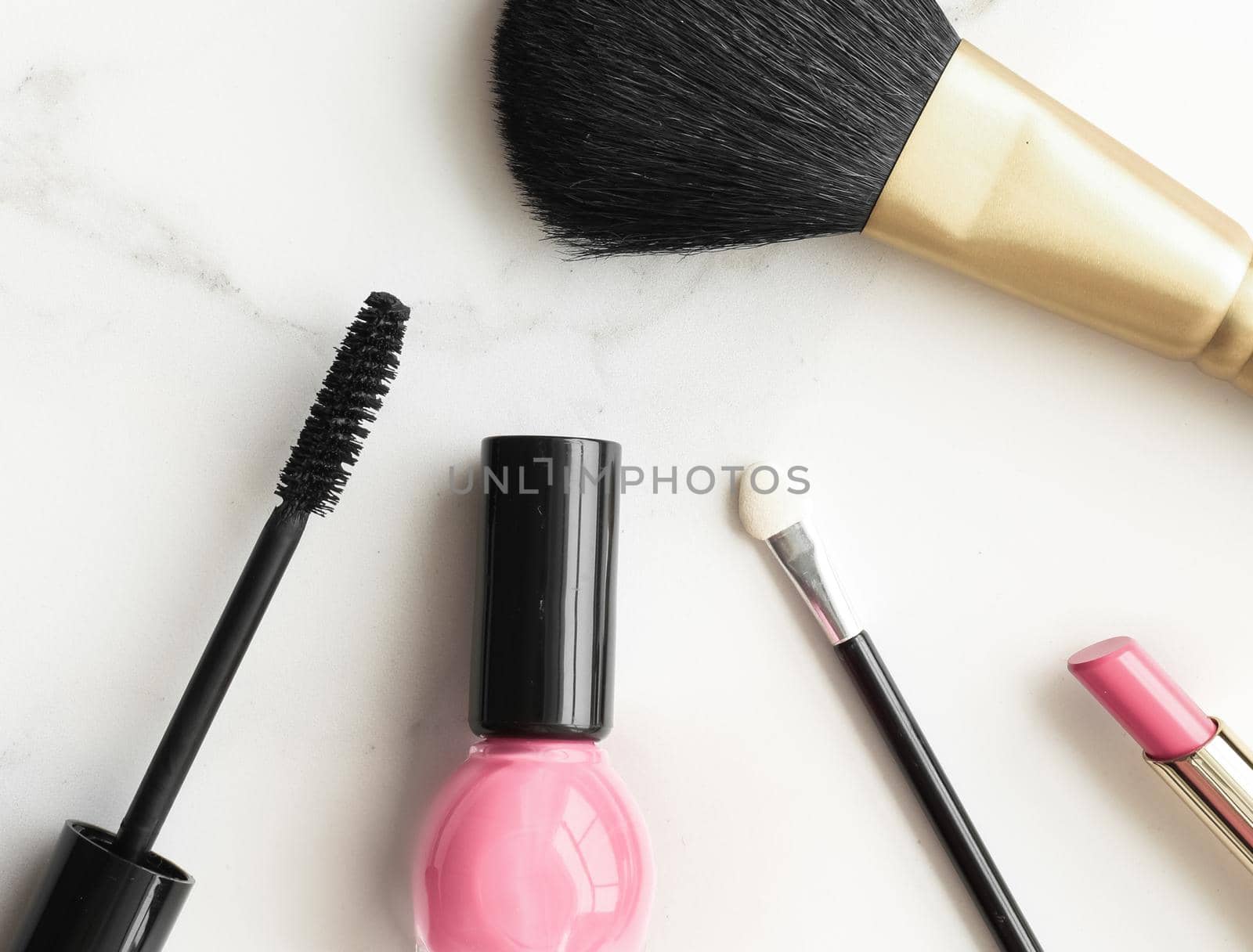 Make-up and cosmetics products on marble, flatlay background by Anneleven