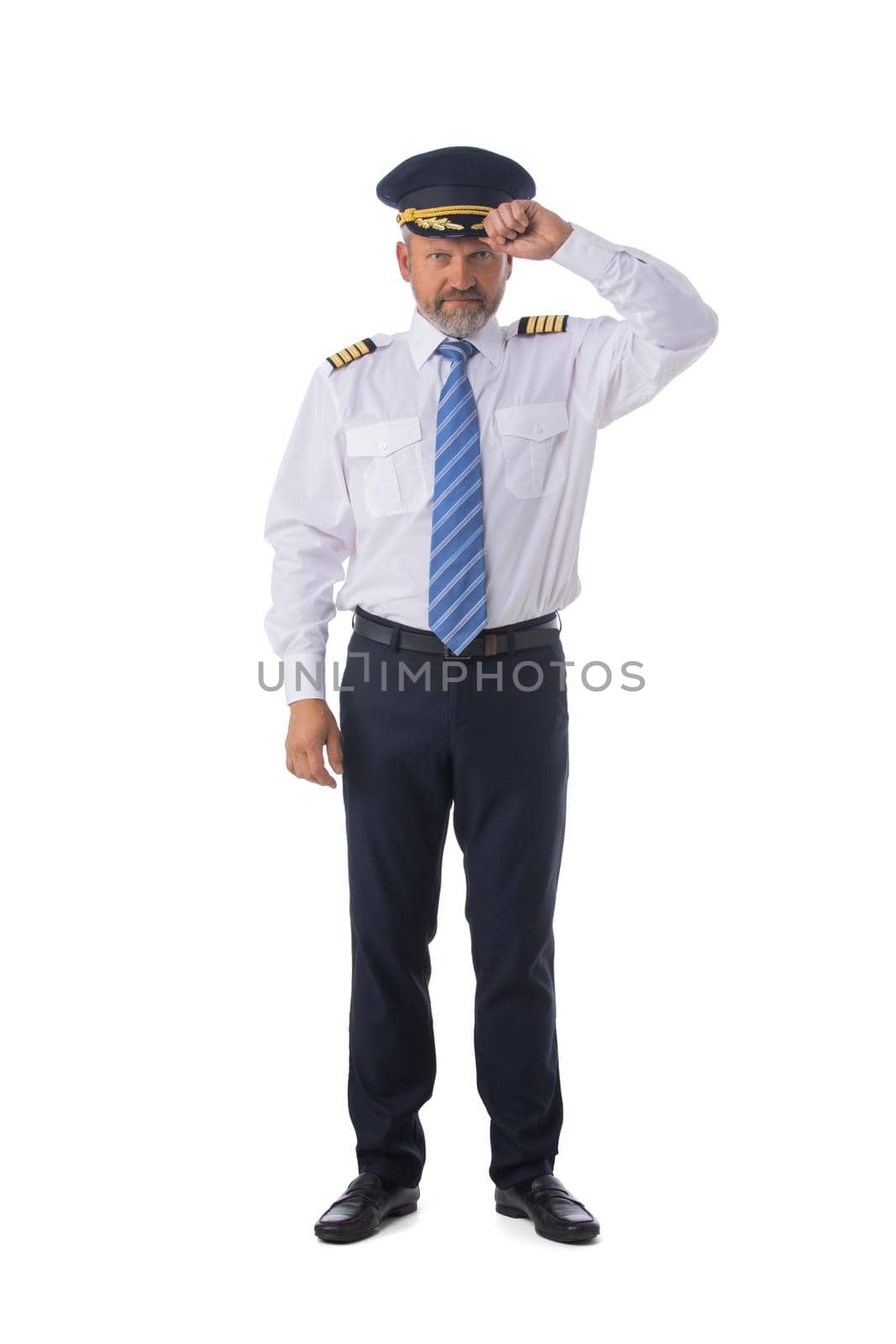 Portrait of confident pilot saluting. Isolated on white background