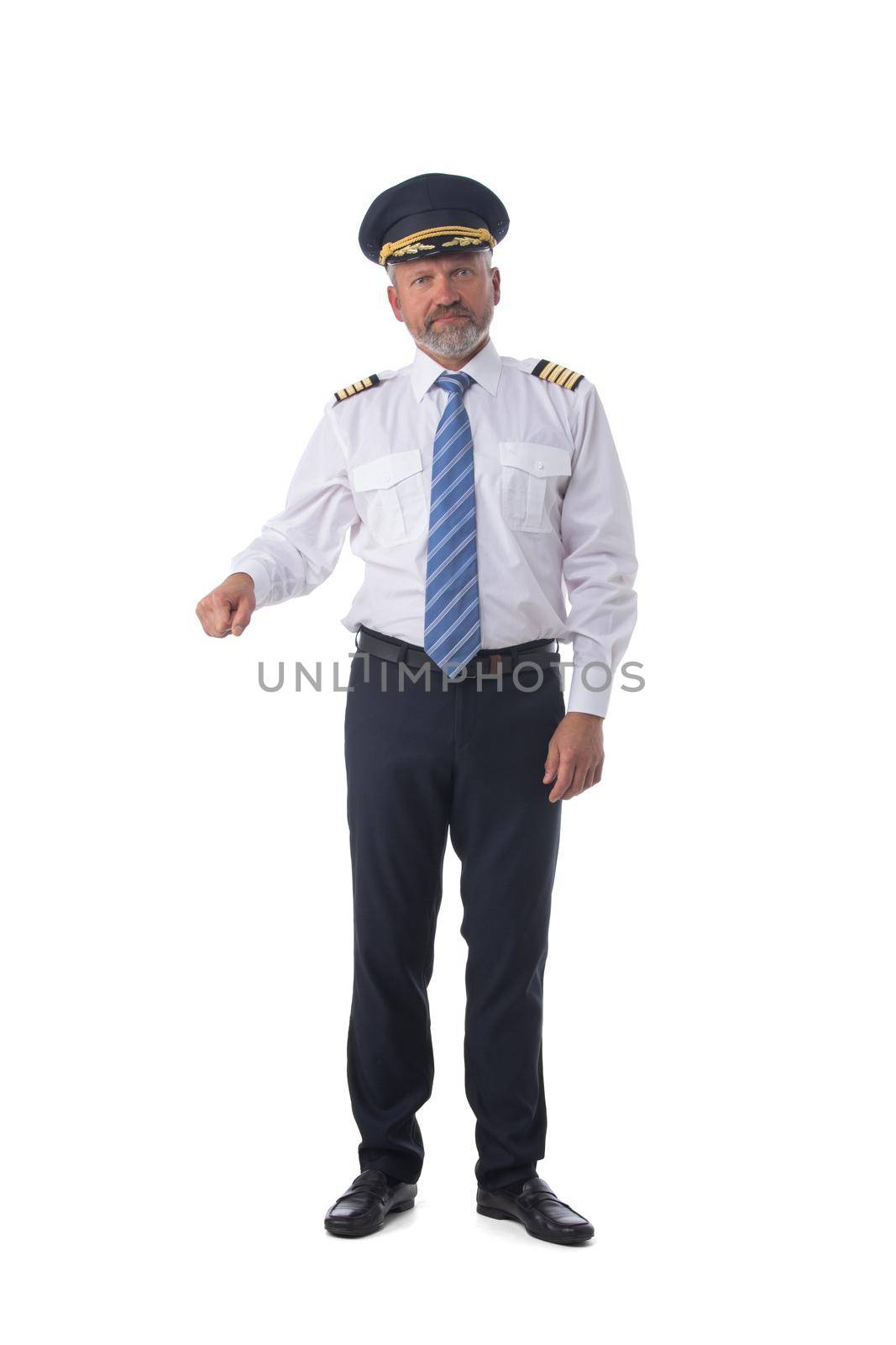 Portrait of confident pilot hold something. Isolated on white background