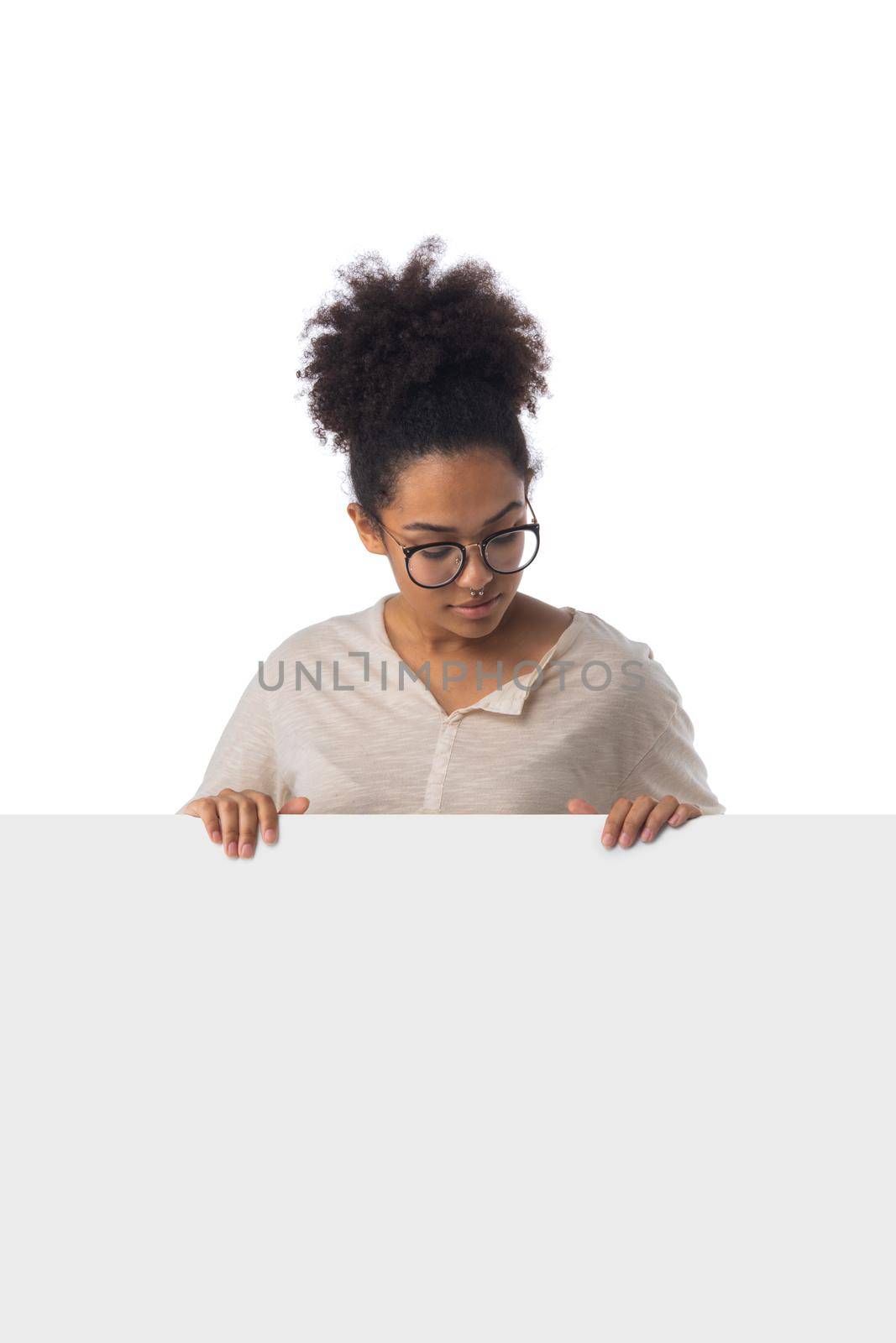 Black woman holding billboard isolated on white background