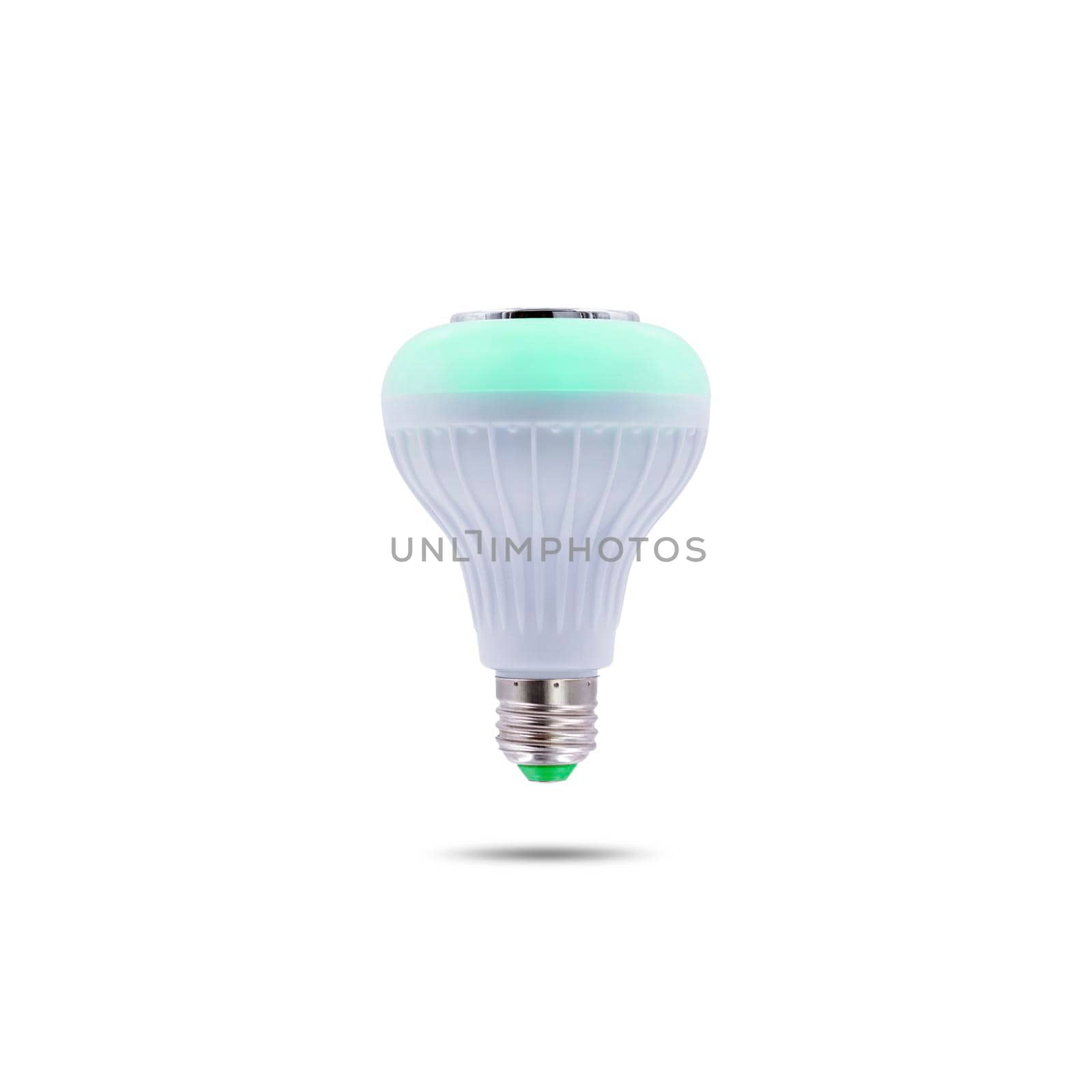 Multi colored LED flashing ceiling lighting with built-in wireless speaker isolated on white background.