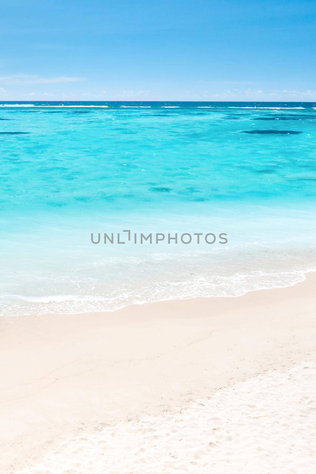 A view from a height of a Tropical beach and waves breaking on a tropical golden sandy beach. The sea waves gently wind along the beautiful sandy beach.