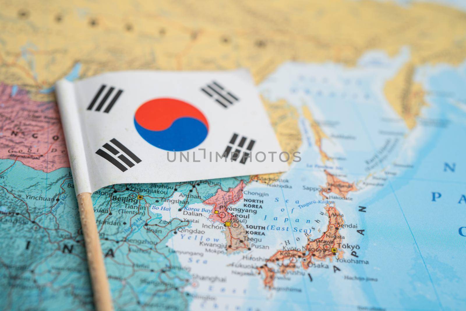 Bangkok, Thailand - February 7, 2021 Korea flag on world map background. by pamai