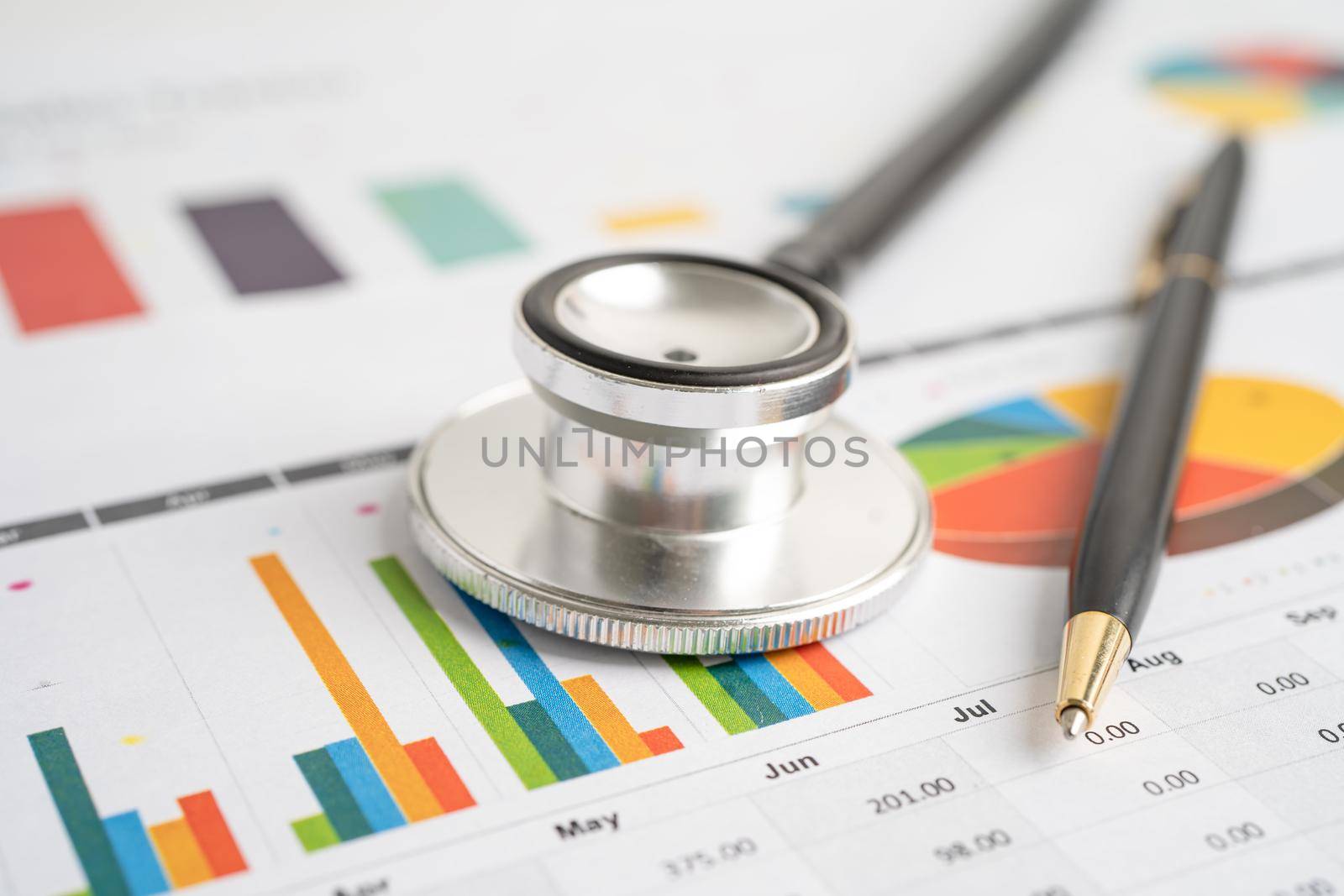 Stethoscope on charts and graphs paper, Finance, Account, Statistics, Investment, Analytic research data economy and Business company concept.