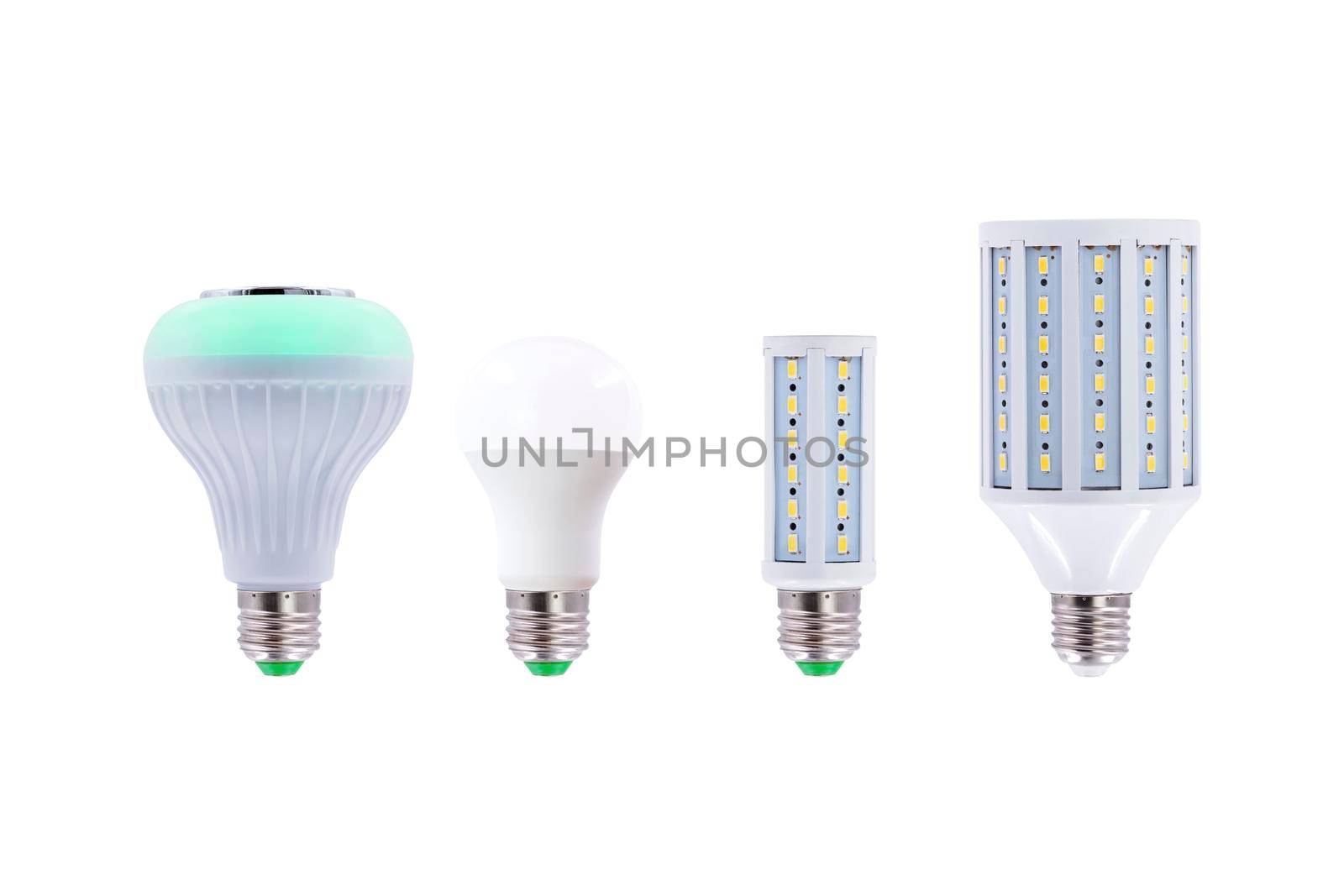 Group of LED energy-saving lamp, screw cap E27 230v isolated on white background.